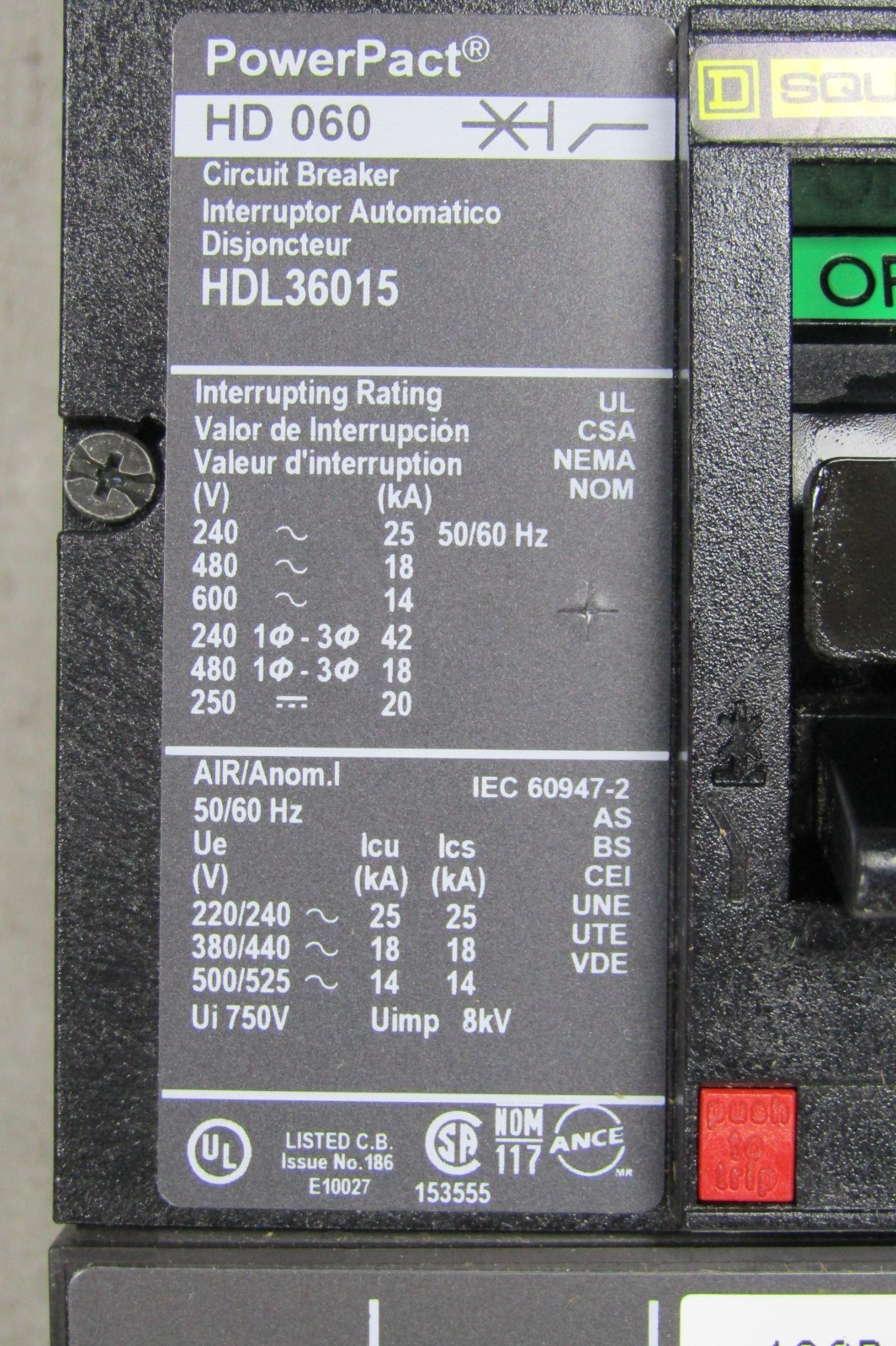 😏 SQUARE D 15 AMP POWERPACT CIRCUIT BREAKER 3 POLE 600 VAC HDL36015