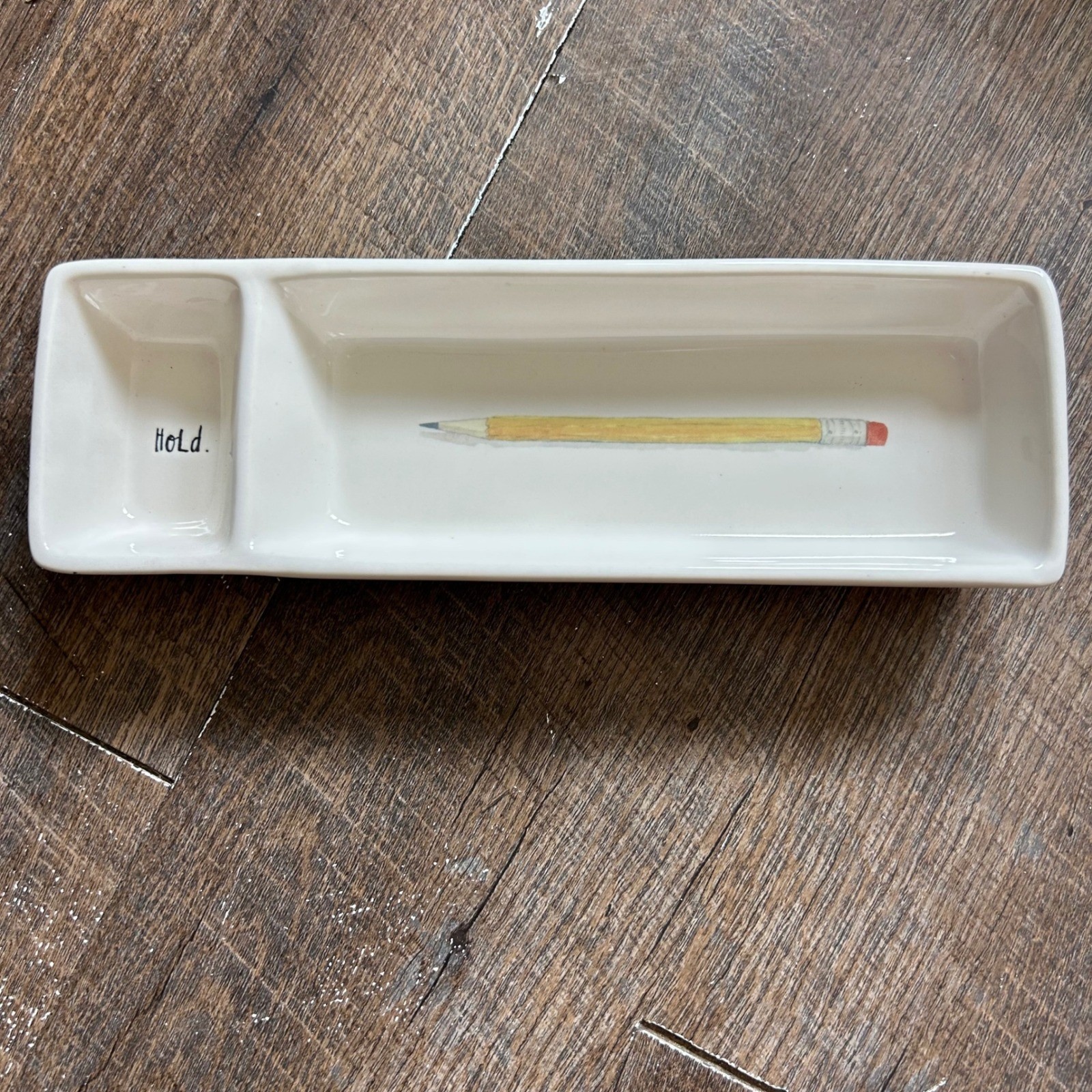 Rae Dunn Artisan Collection Pencil Hold 2 Compartment Ceramic Desk Tray Cream