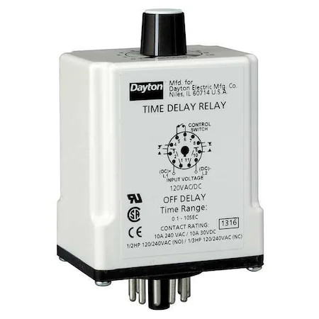 Dayton 24En87 Single Function Time Delay Relay, Octal, Off Delay, 1 Functions