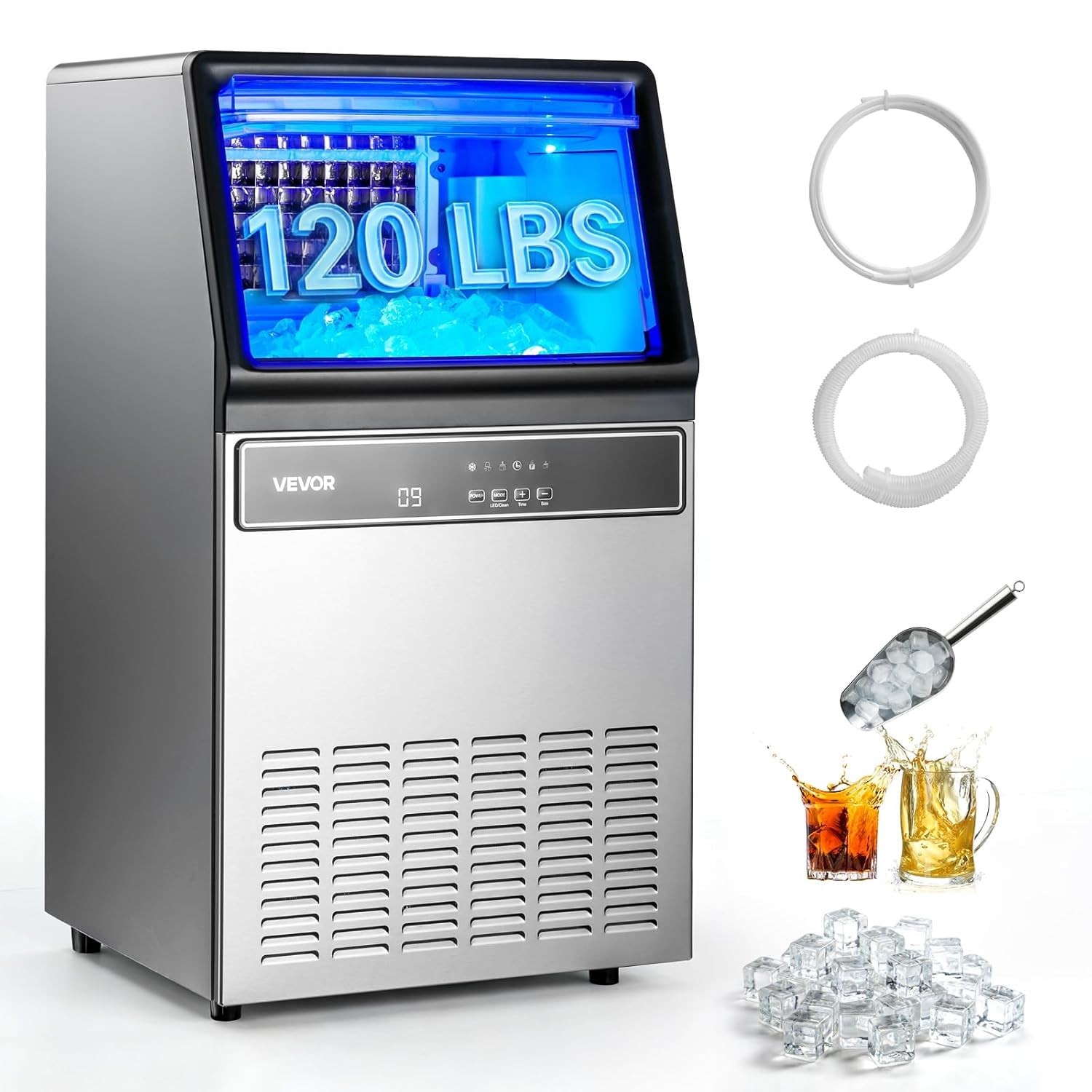Stainless Steel Commercial Ice Maker – 120 lbs Daily Production & Self-Cleaning