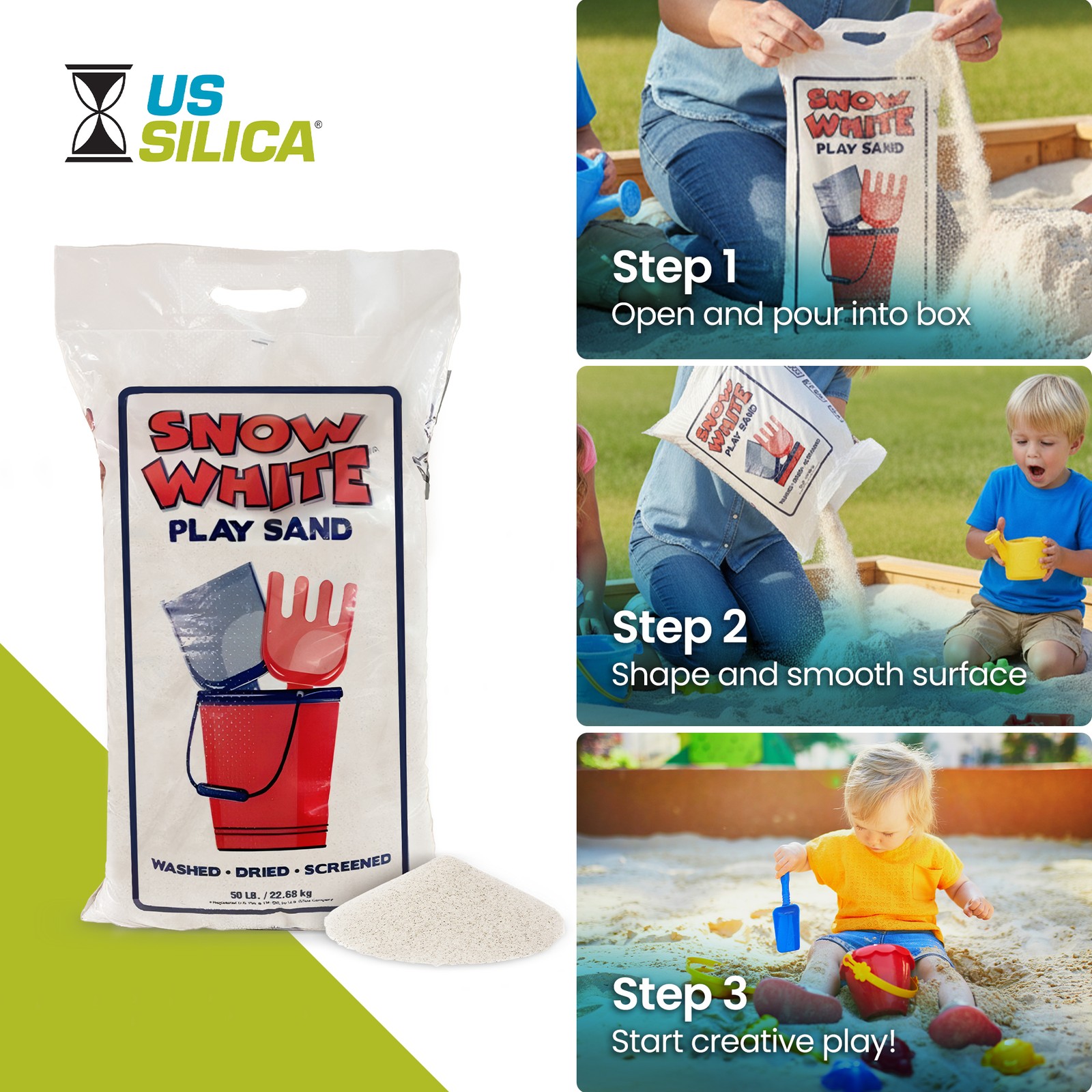 US Silica Snow White Comfortable Play Sand for Sand Tables, White, 50 Pound Bag