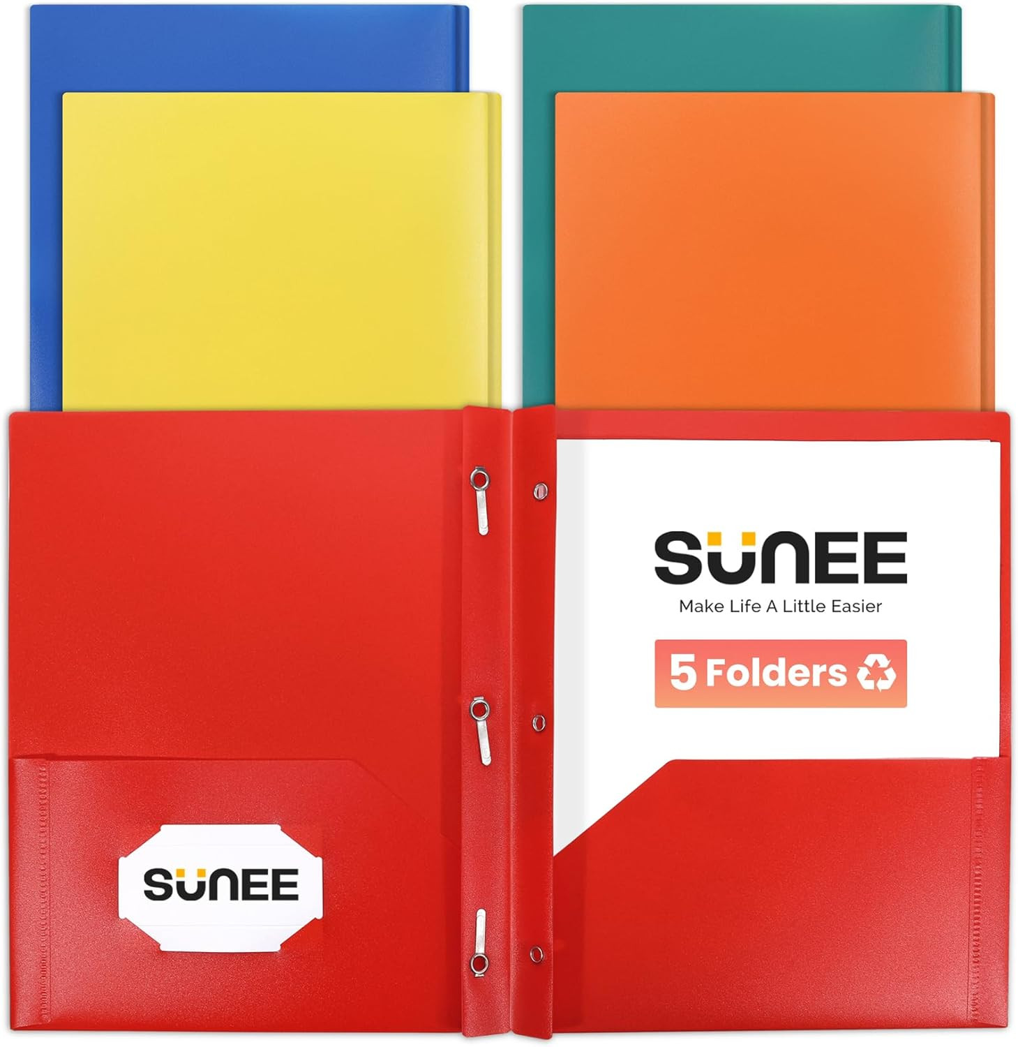 Pocket Folders with Prongs(5 Pack, Assorted Colors) Recycled Plastic Folders wit