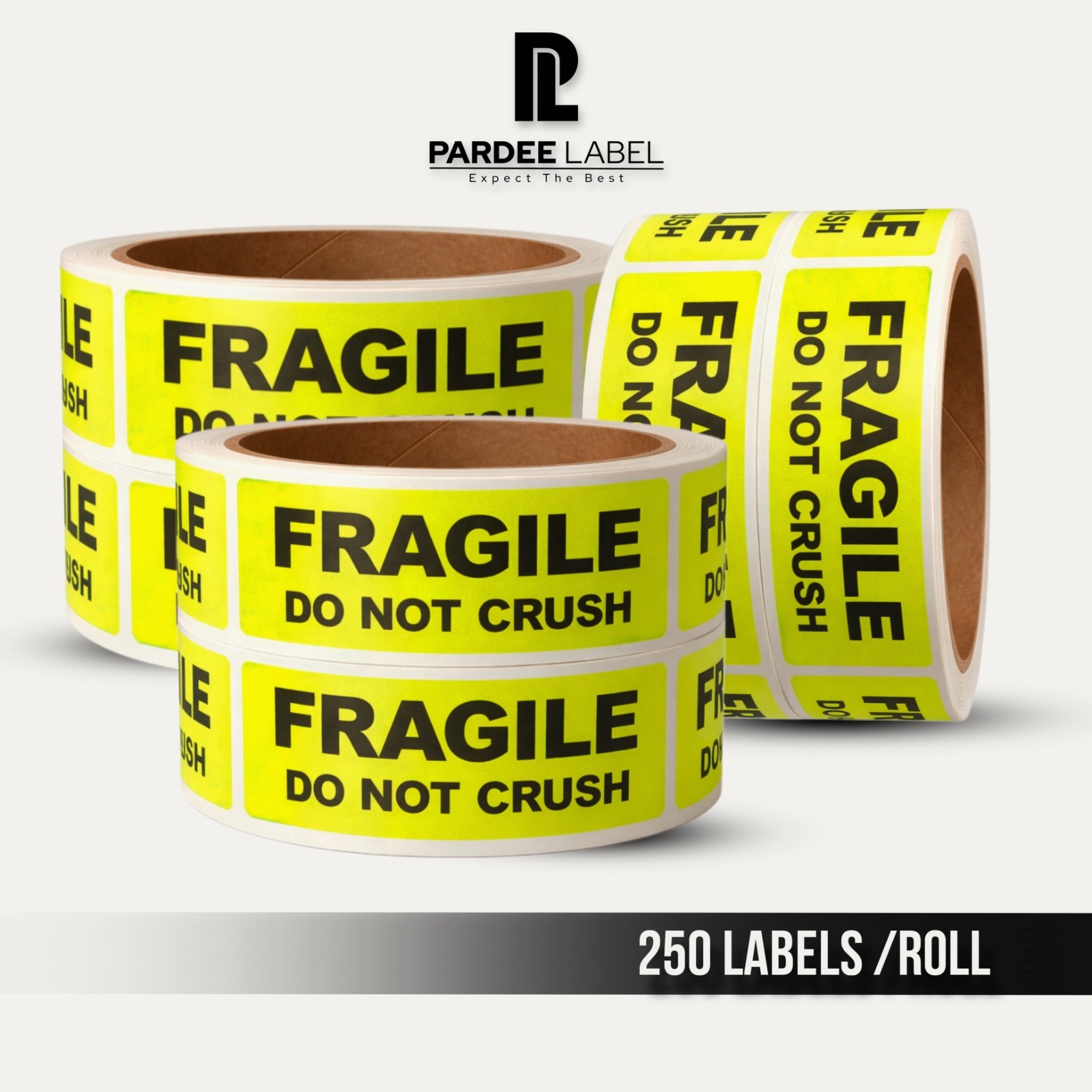 Neon Yellow Fragile Do Not Crush Stickers 1” x 3” – 250 Labels per Roll