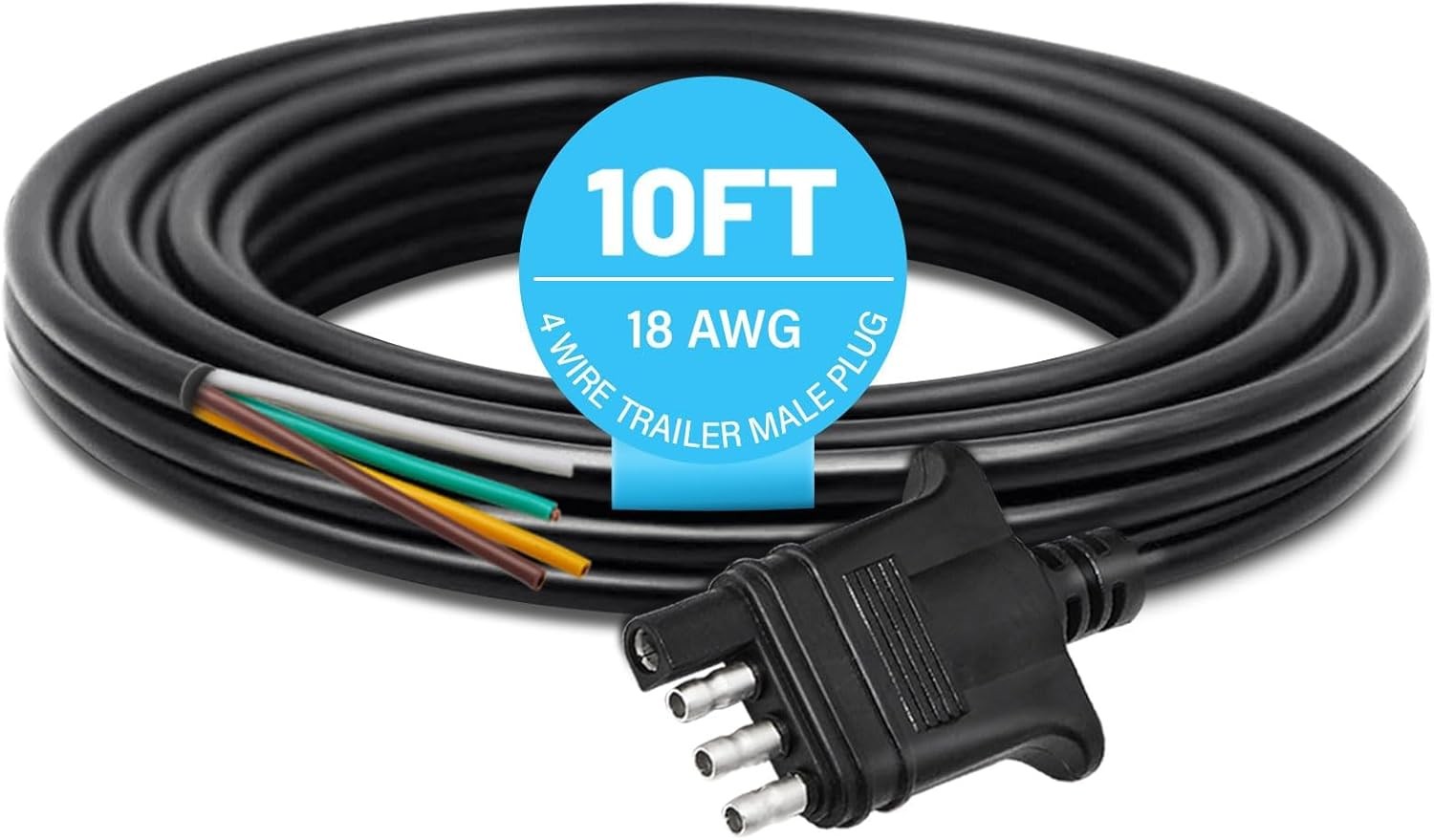 10 Feet Jacketed Cable, Heavy Duty 18AWG 4 Pin Trailer Light Plug Color-Coded Pu