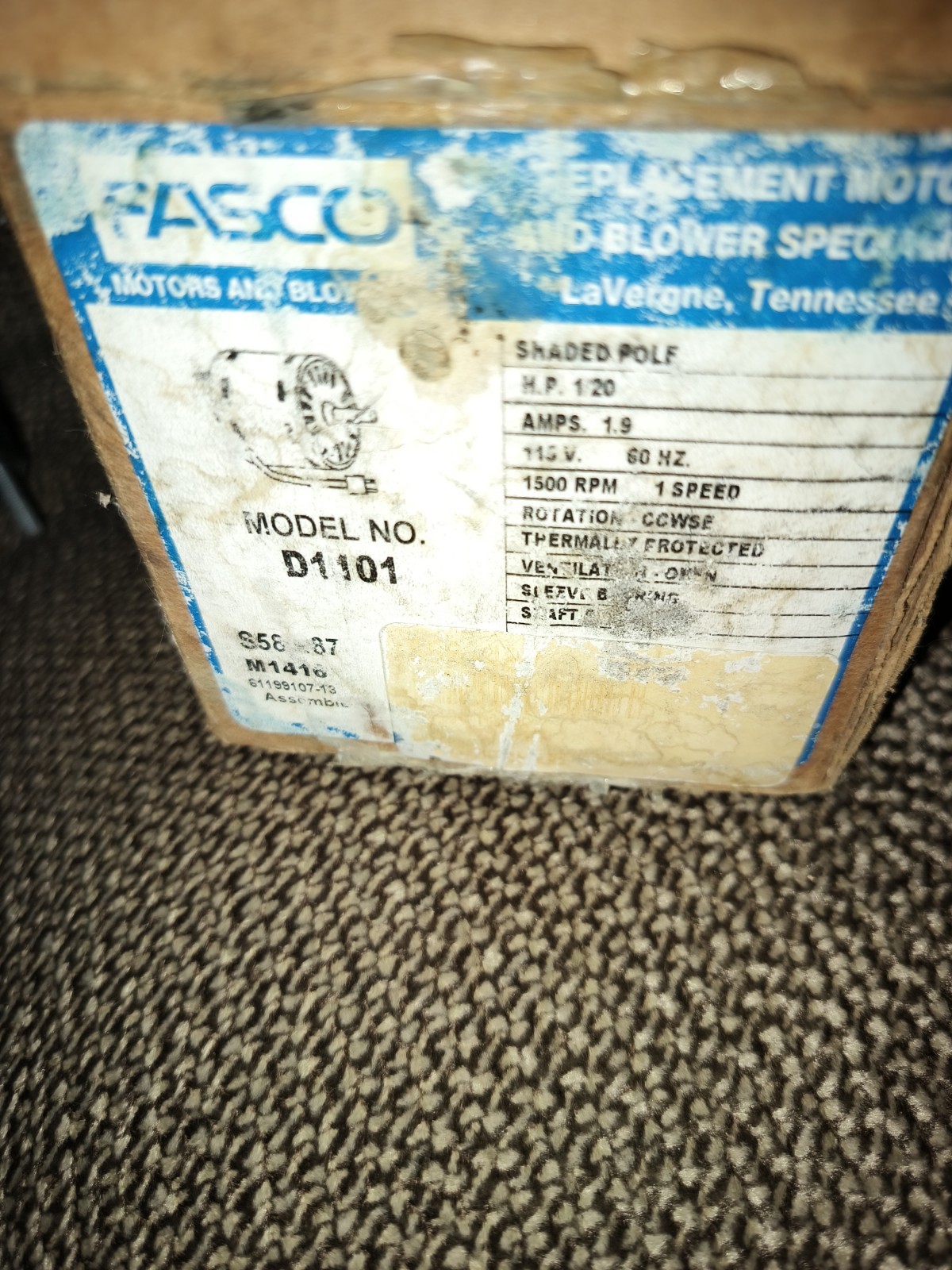 D1101 FASCO Commercial Refrigeration HVAC MOTOR 115V 1/20HP 1500RPM 1SPD S58-487