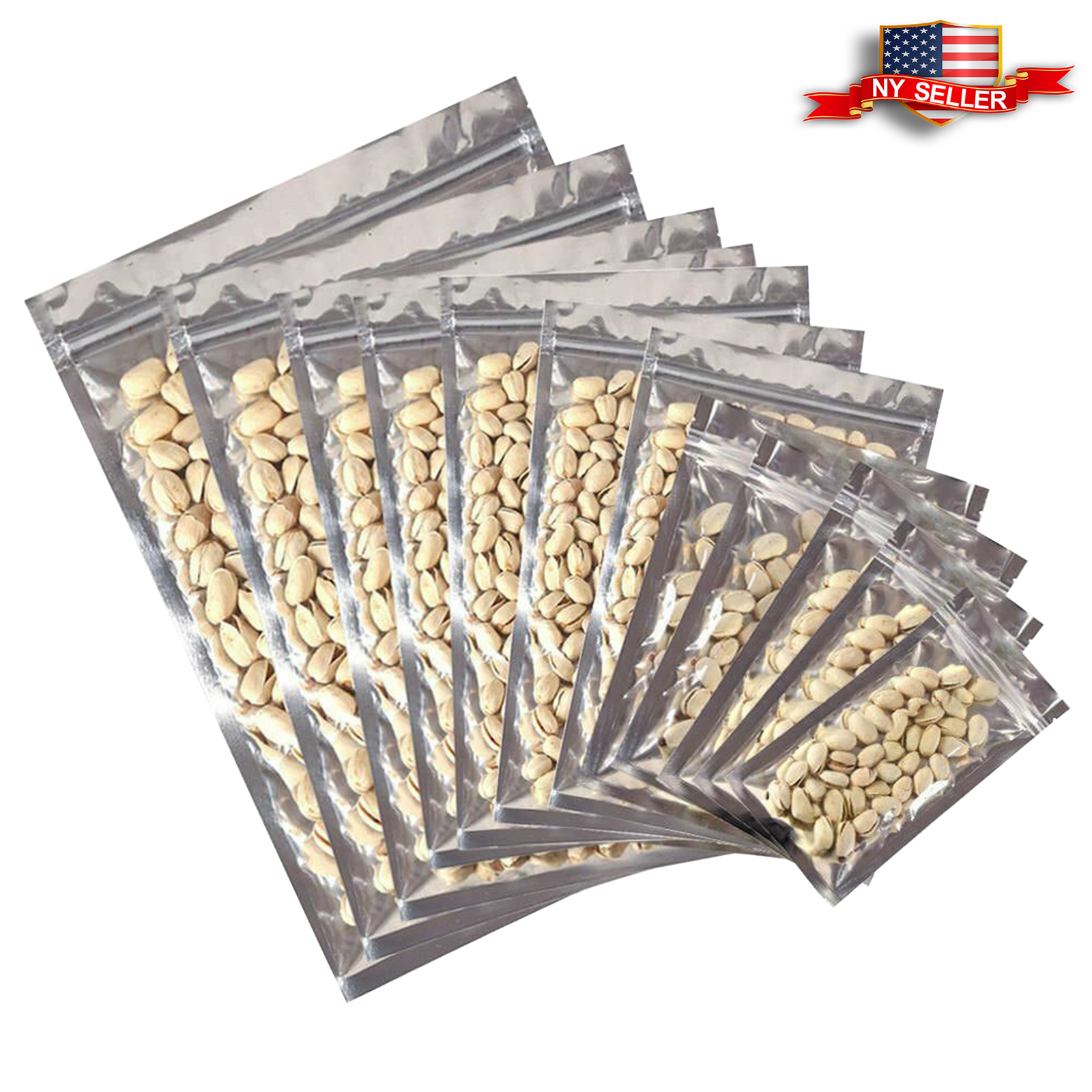 Variety of Sizes for 100 PCS Flat Clear/Silver Metallized Foil Resealable Bags