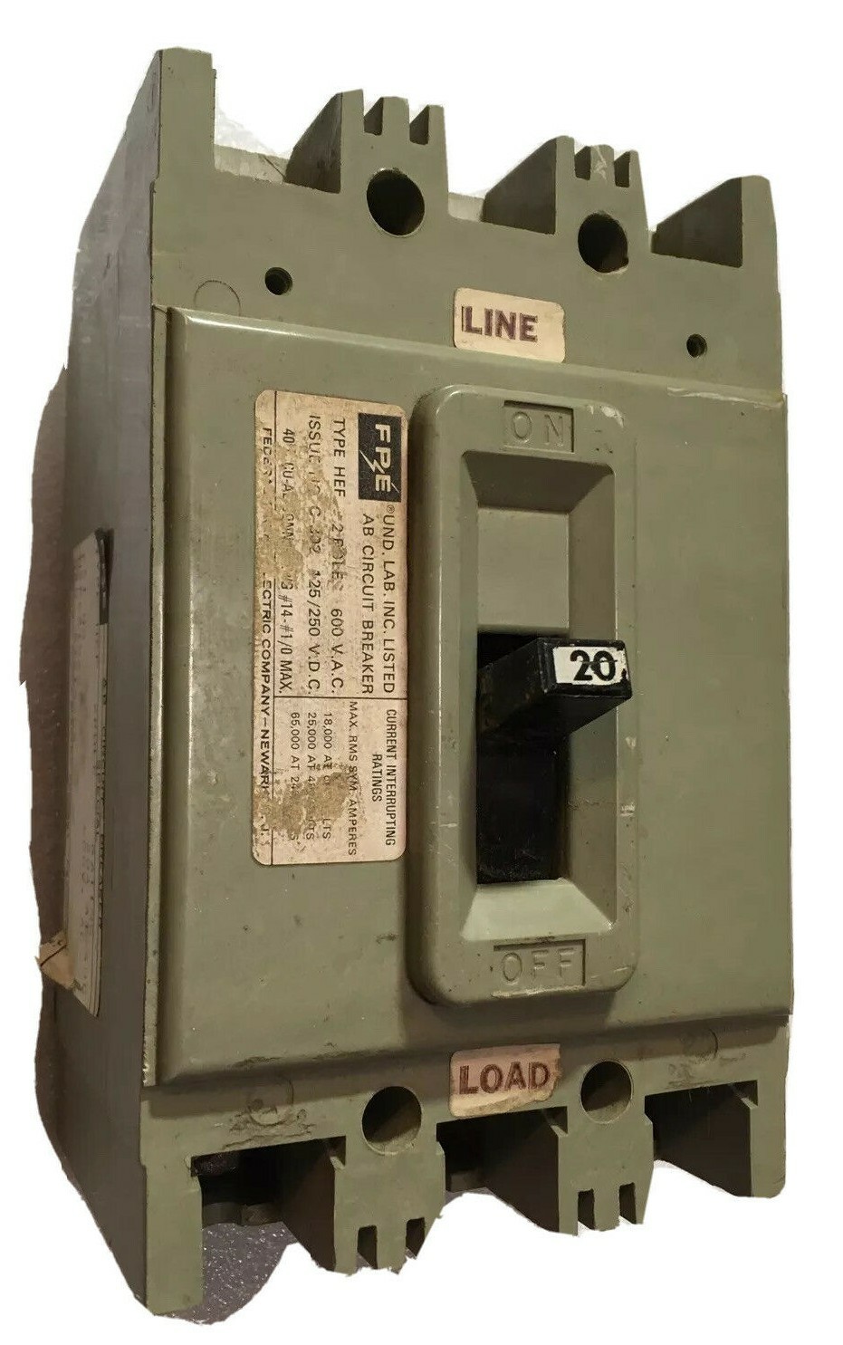 FEDERAL PACIFIC Electric HEF621020 20A 600V BREAKER WARRANTY TWO POLE 3P FRAME