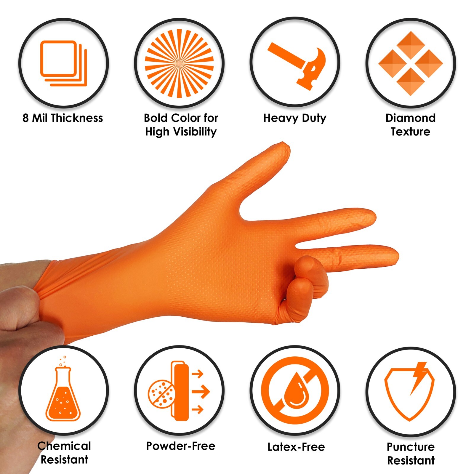 8 Mil Orange Disposable Nitrile Gloves. Raised Diamond Texture – Large- 10 Boxes