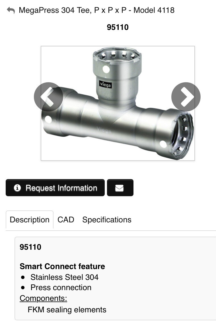 3/4” Viega 95110 MegaPress Stainless 304 Tee Pipe Press Fitting Model 4118 PxPxP