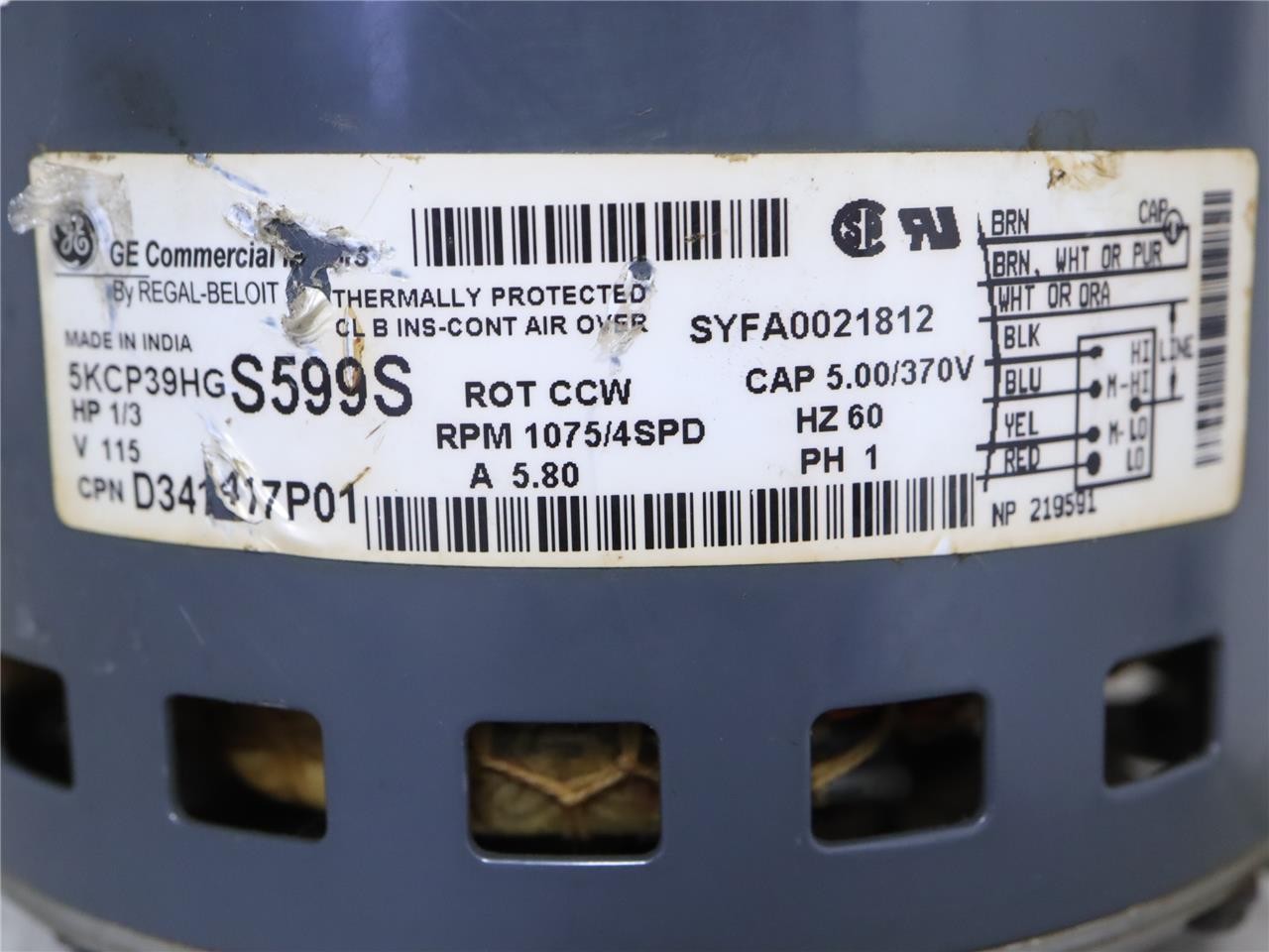GE 5KCP39HGS599S Furnace Blower Motor 1/3HP 1075RPM 4SPD 1PH 115V D341417P01