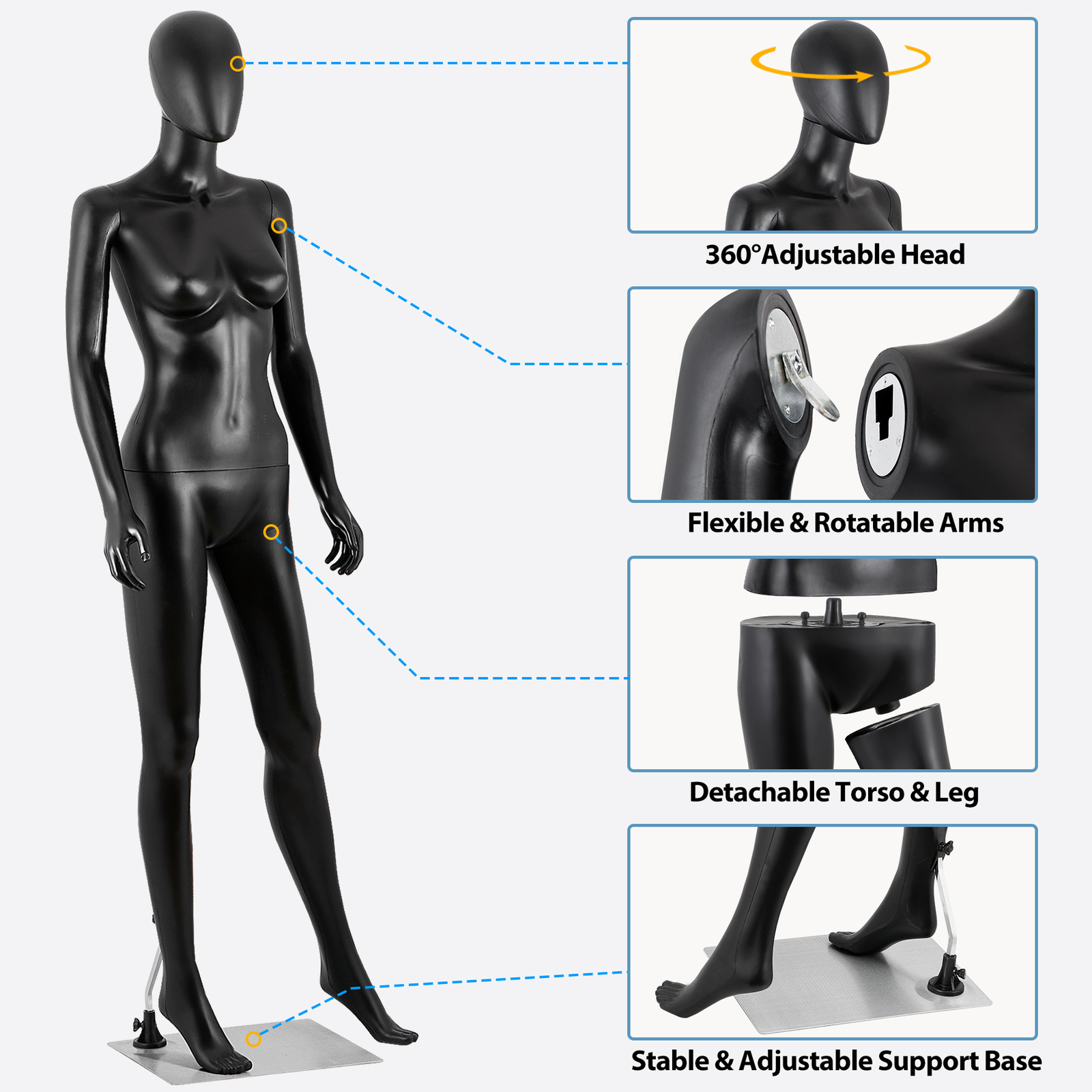 70″ Black Female Mannequin Full Body Maniquine Model Stand Adjustable Metal Base