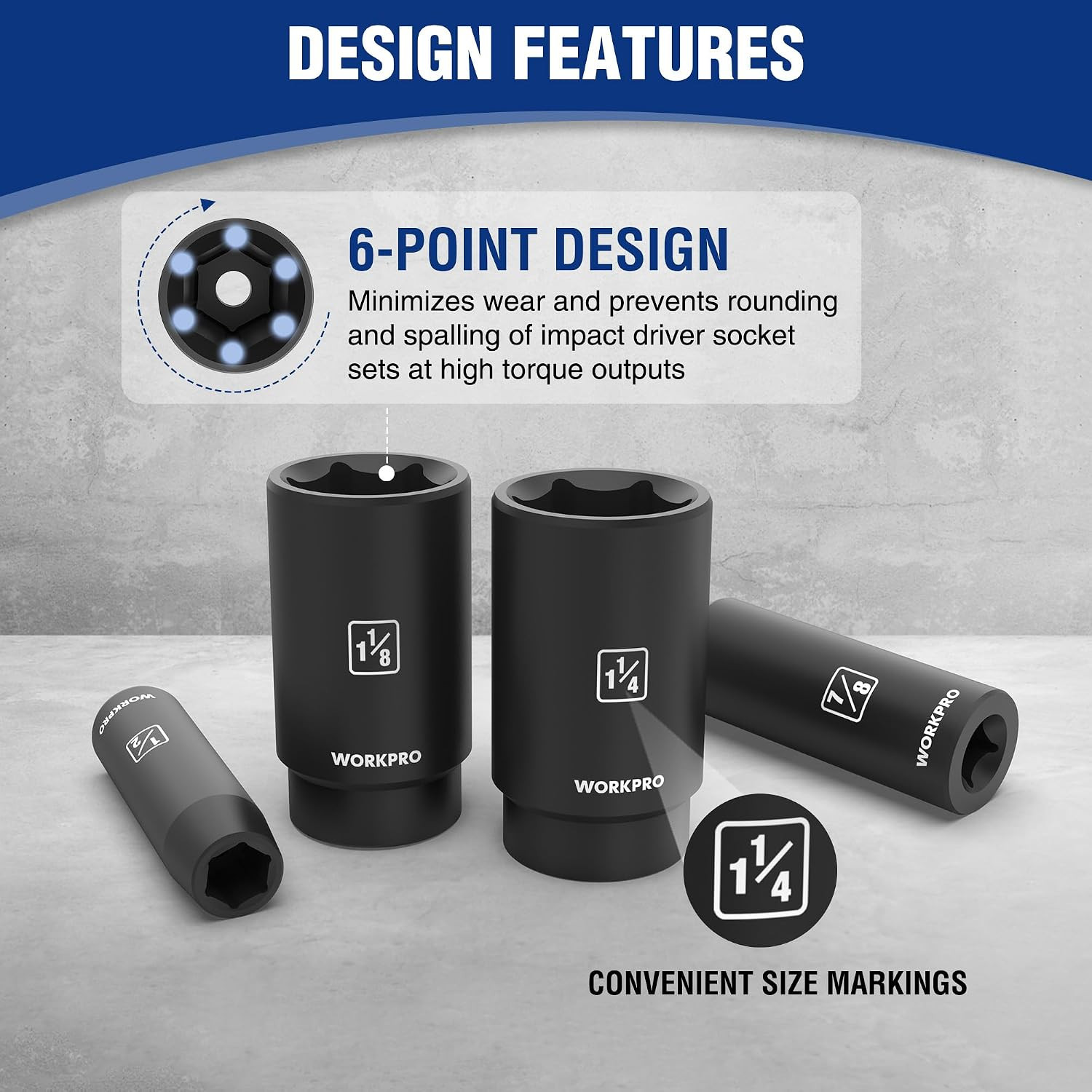 20-Piece 1/2＂ Drive Deep Impact Socket Set, SAE | 6-Point, Cr-V Steel, 3/8″-1-1/