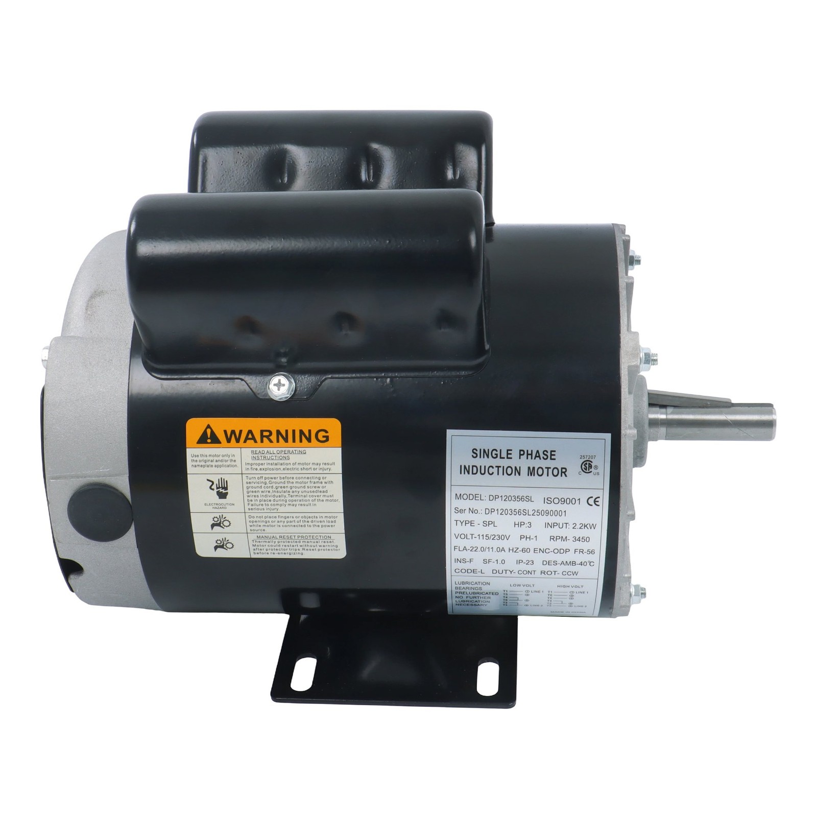3450 RPM 3HP SPL Electric Motor Compressor Duty 56 Frame 1 Phase 115/230 Volts