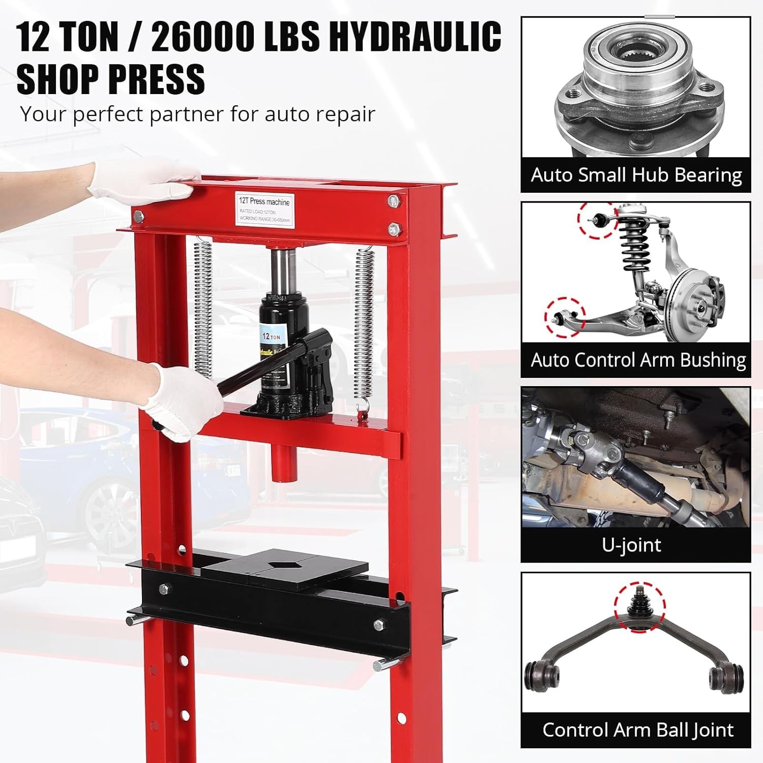12T Hydraulic Press,H-Frame Press w Adjustable Table for u-Joints&Bending Red