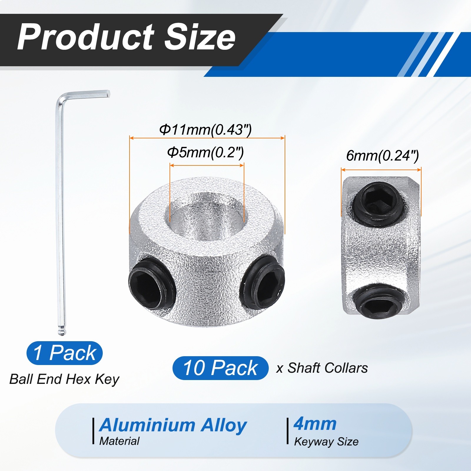 10Pack Shaft Collars, 5mm Bore 6mm t Axle Collars 11mm OD, Silver