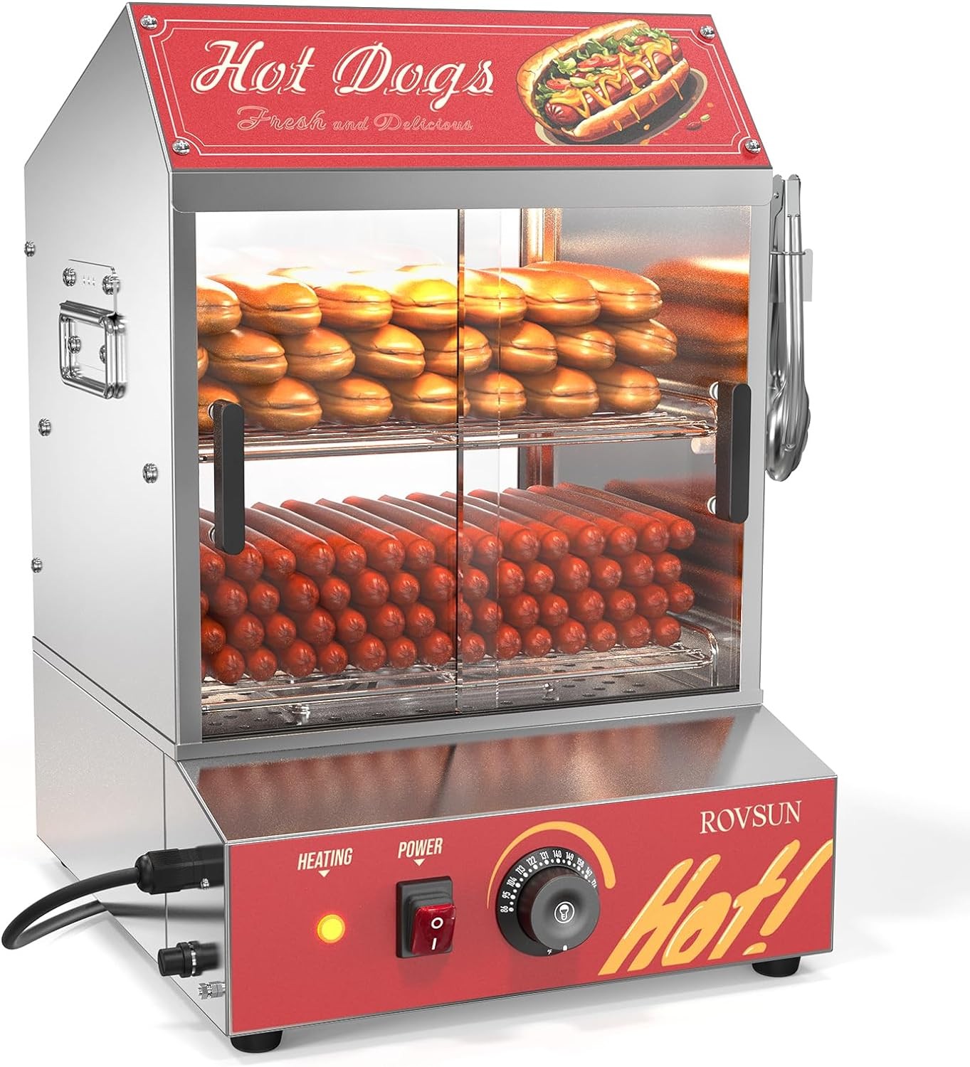 ROVSUN 500W Commercial Hot Dog Steamer 2 Tier Electric Bun Warmer W/Slide Doors