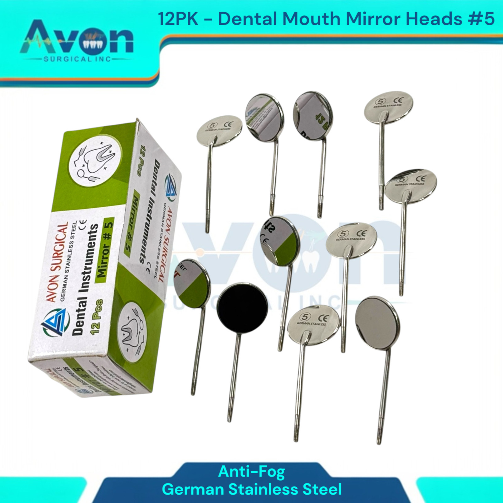 Dental Mouth Mirror Heads #5, Anti-Fog, Cone Socket | Stainless Steel (12PK)
