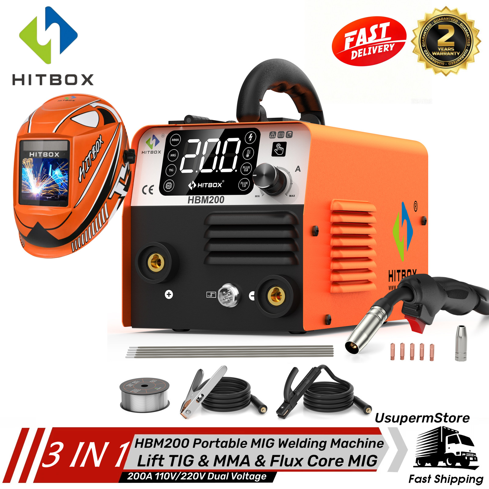 200A 110V/220V Gasless MIG Flux Core ARC/Lift TIG/MMA Welder +Helmet US