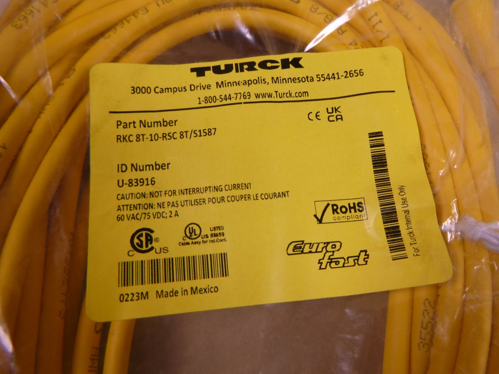 Turck RKC 8T-10-RSC 8T/S1587 Cordset, 8 Pin Male To 8 Pin Female, U-83916 – NEW