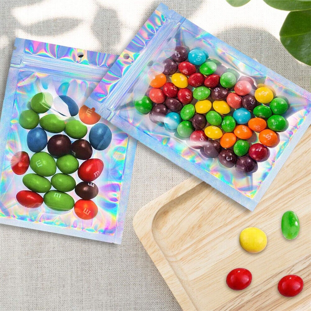 400PCS Holographic Mylar Foil Bag Resealable Zipper Pouch Packaging Clear Front