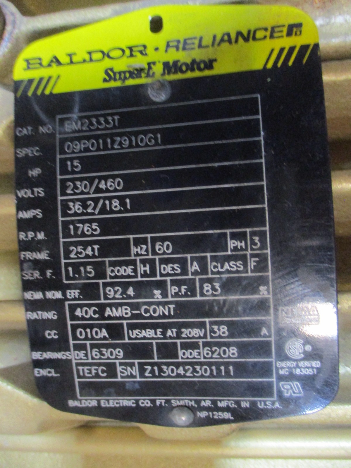 Baldor Reliance EM2333T SuperE Motor 15HP 3PH 254T 1765RPM 230/460V 53531HM