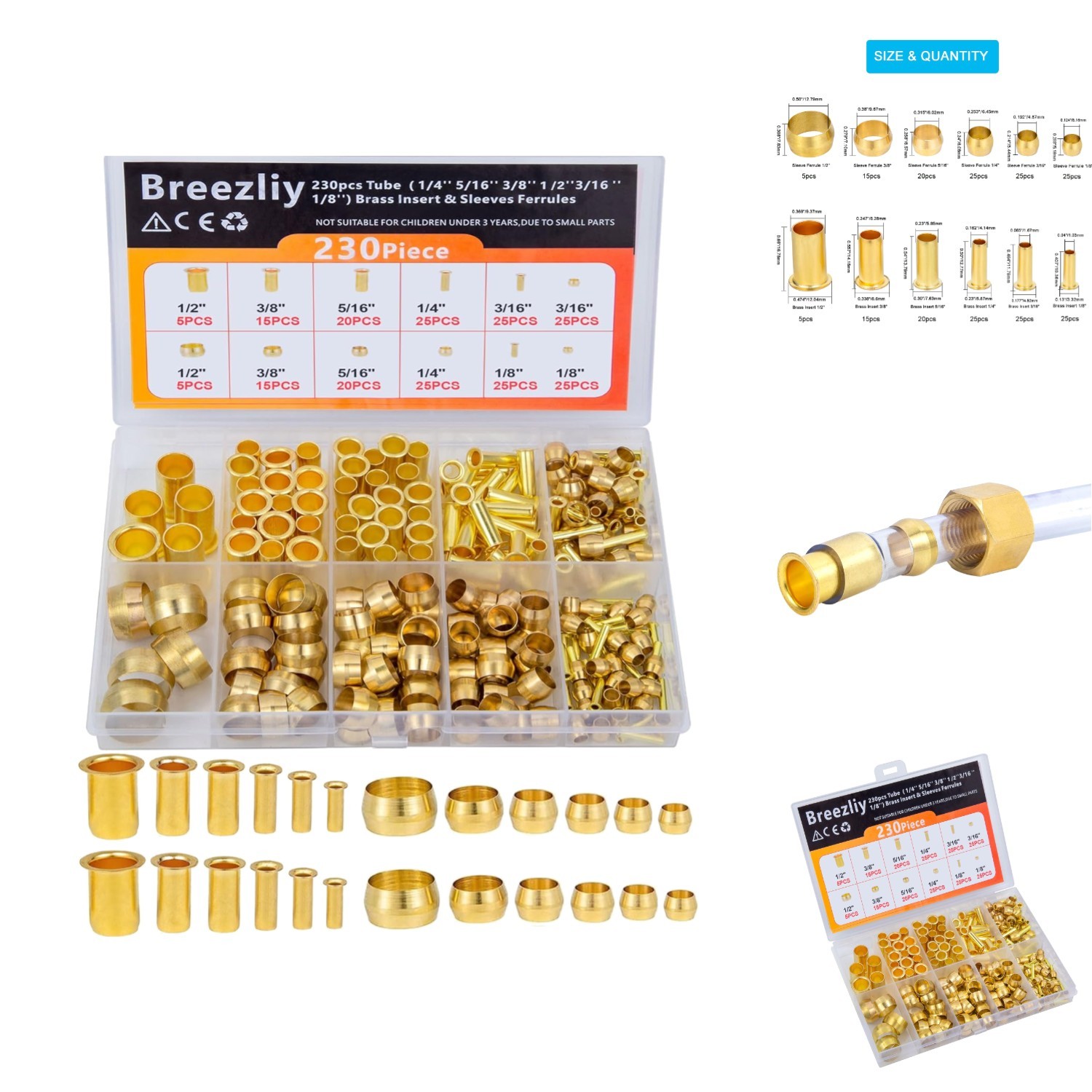 230pc Brass Compression Fittings Assortment Kit Air Water Fuel Line Sleeves Set