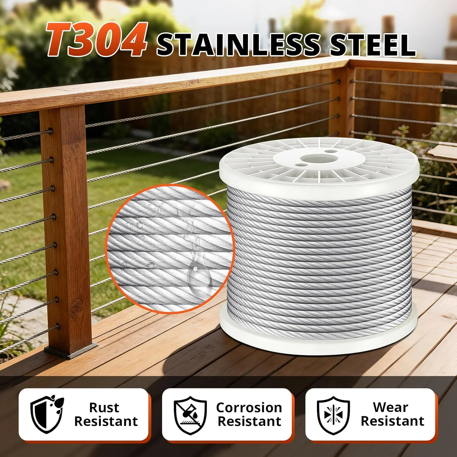 200FT 1/4″ Thickened Stainless Steel Cable Wire Rope, 7×19 Strand Aircraft Cable