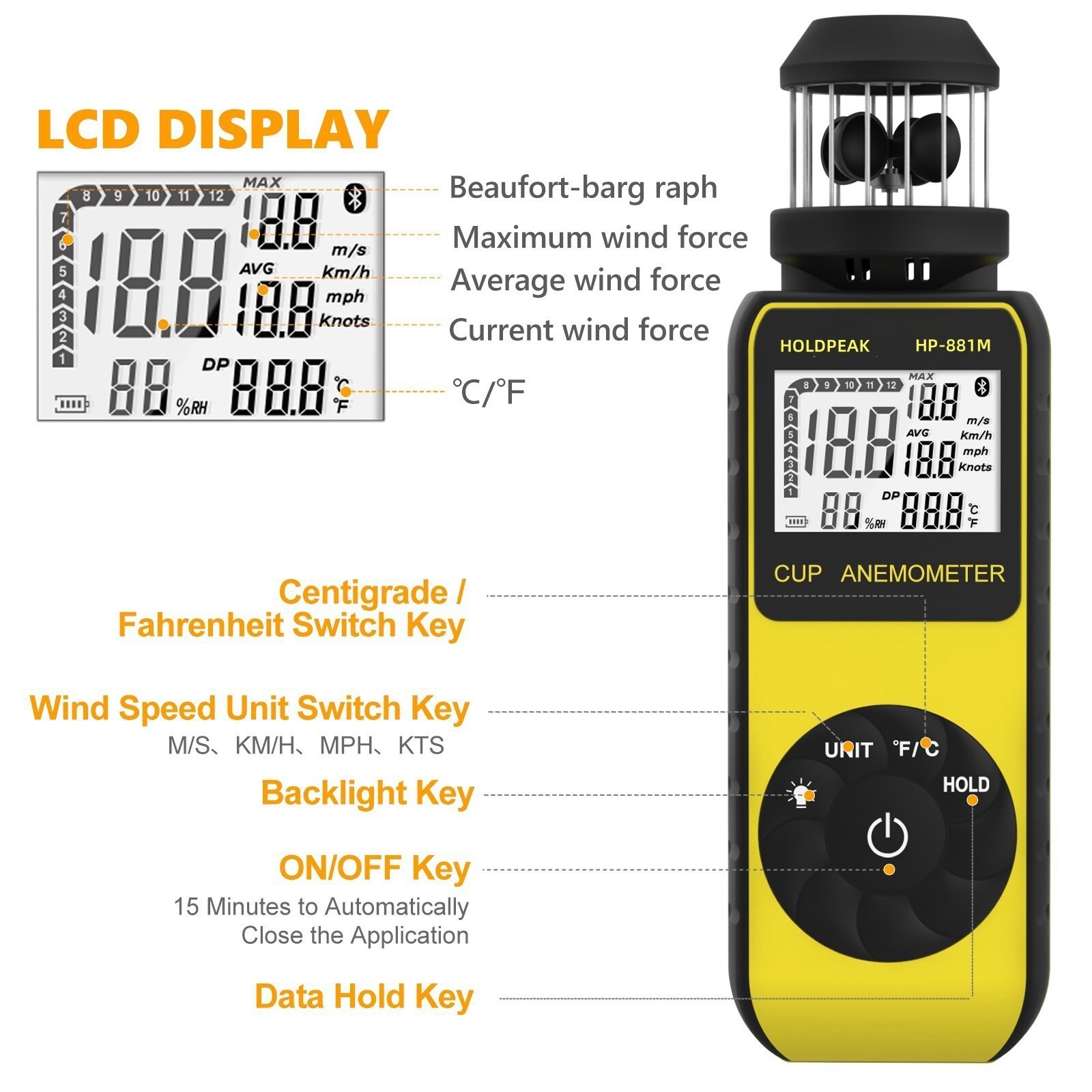 Cup Anemometer, Wind Speed/Temp, 5 Units Backlight Data Hold Max/Avg, Air Flow