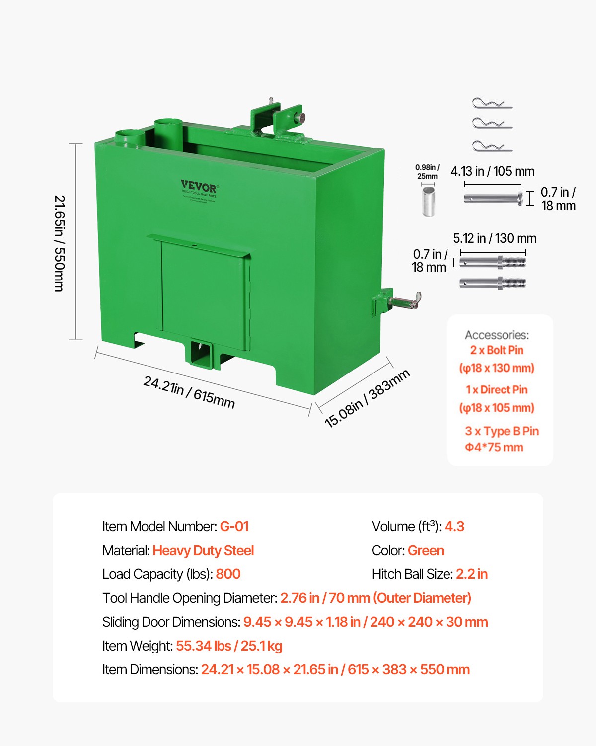 VEVOR Ballast Box 3 Point Category 1Tractor Quick Tach Hitch Counterweight Green