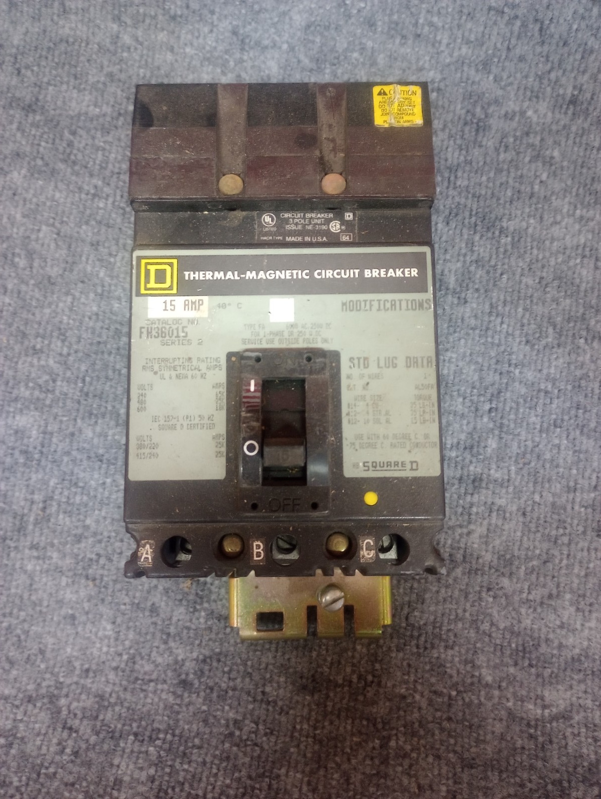 Square D FH36015 15A 600V 3Pole Circuit Breaker