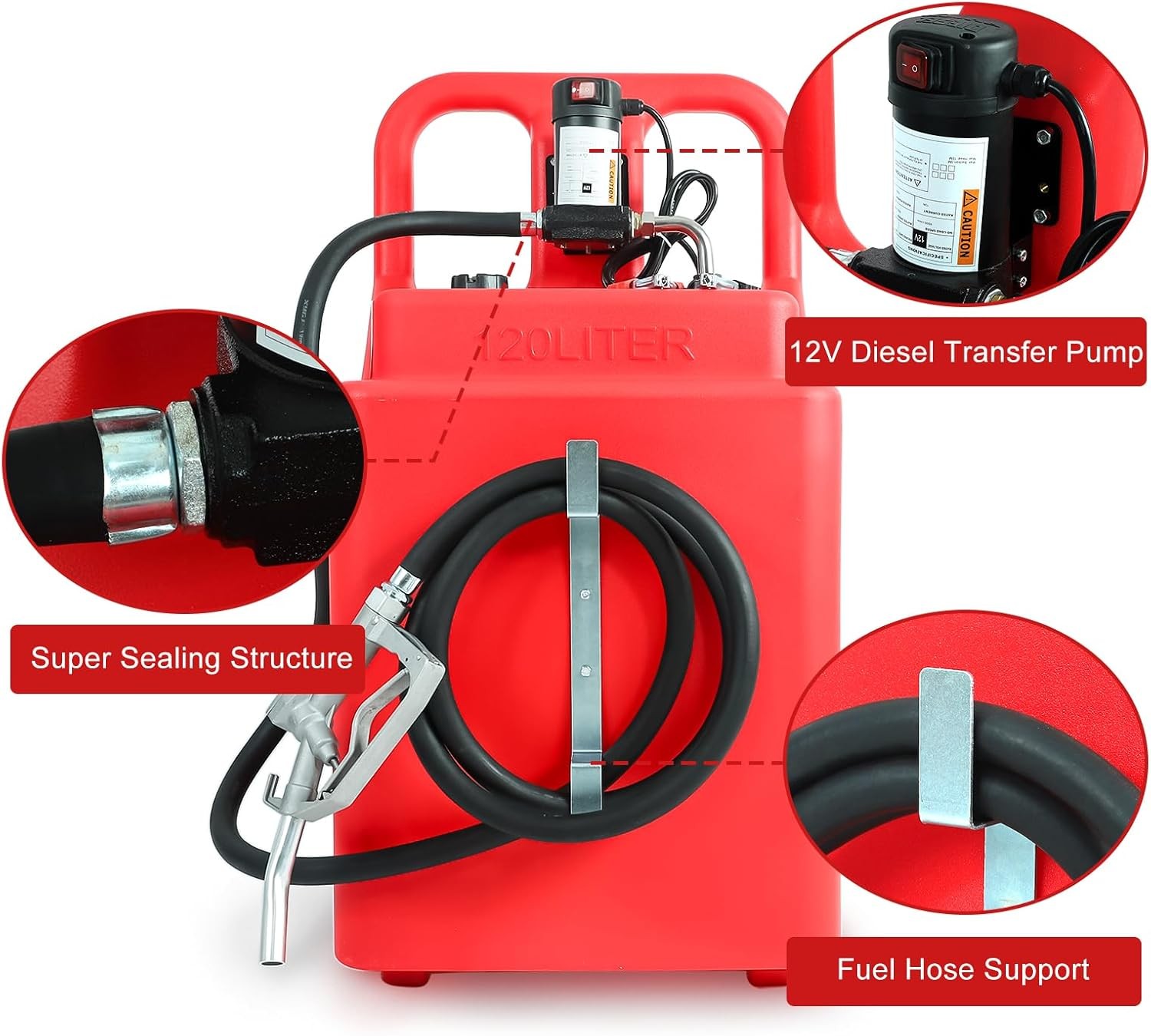 Portable 32 Gallon 120 L Fuel Tank with 12 V Diesel Pump 13 ft Delivery Hose Red