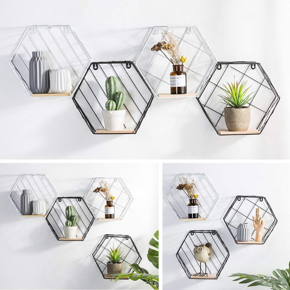 Infinite Node Floating Shelves Wall Mounted Metal Wire Art Lattice, Black