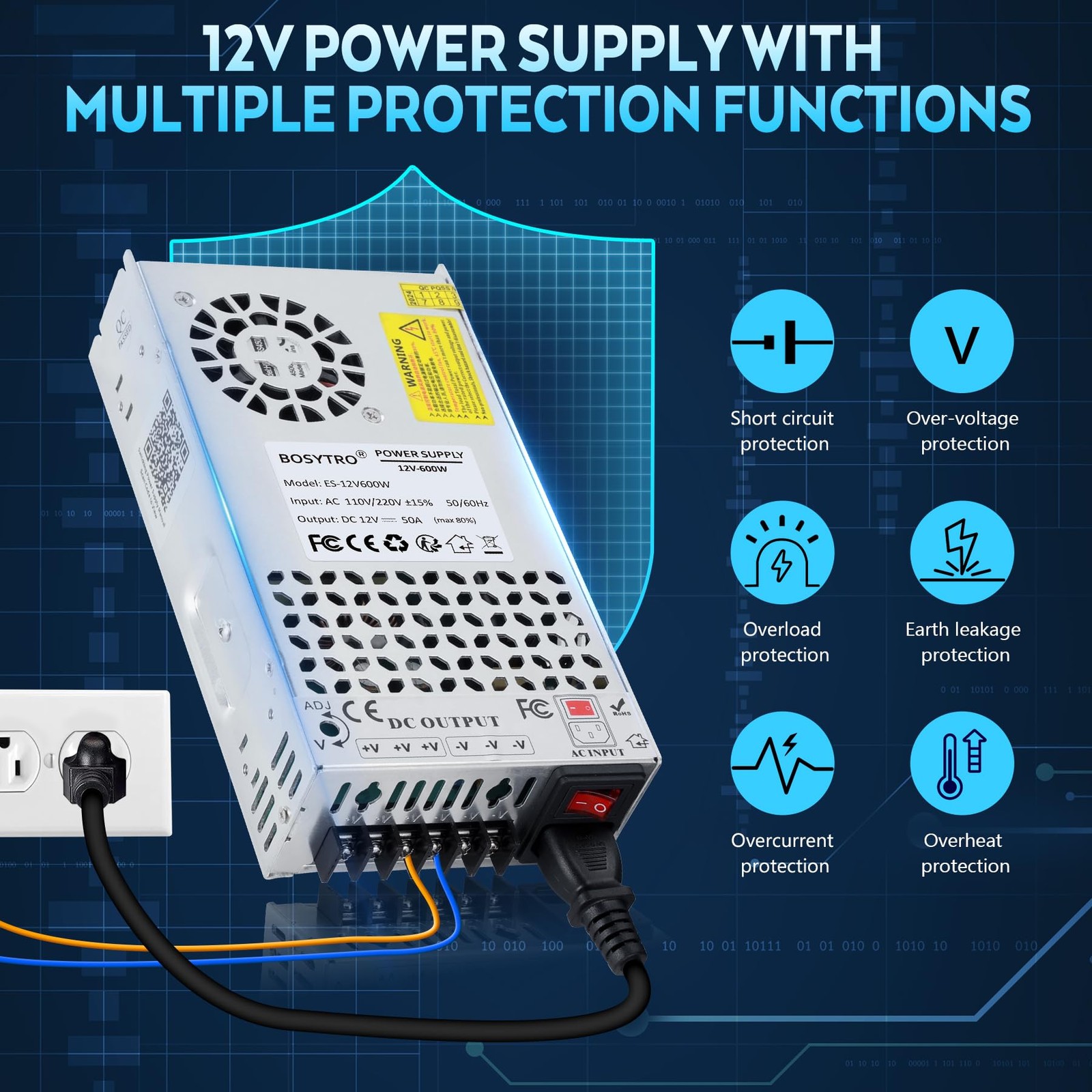 BOSYTRO 12V DC Power Supply 600W 50A AC to DC Converter Switching Power Suppl…