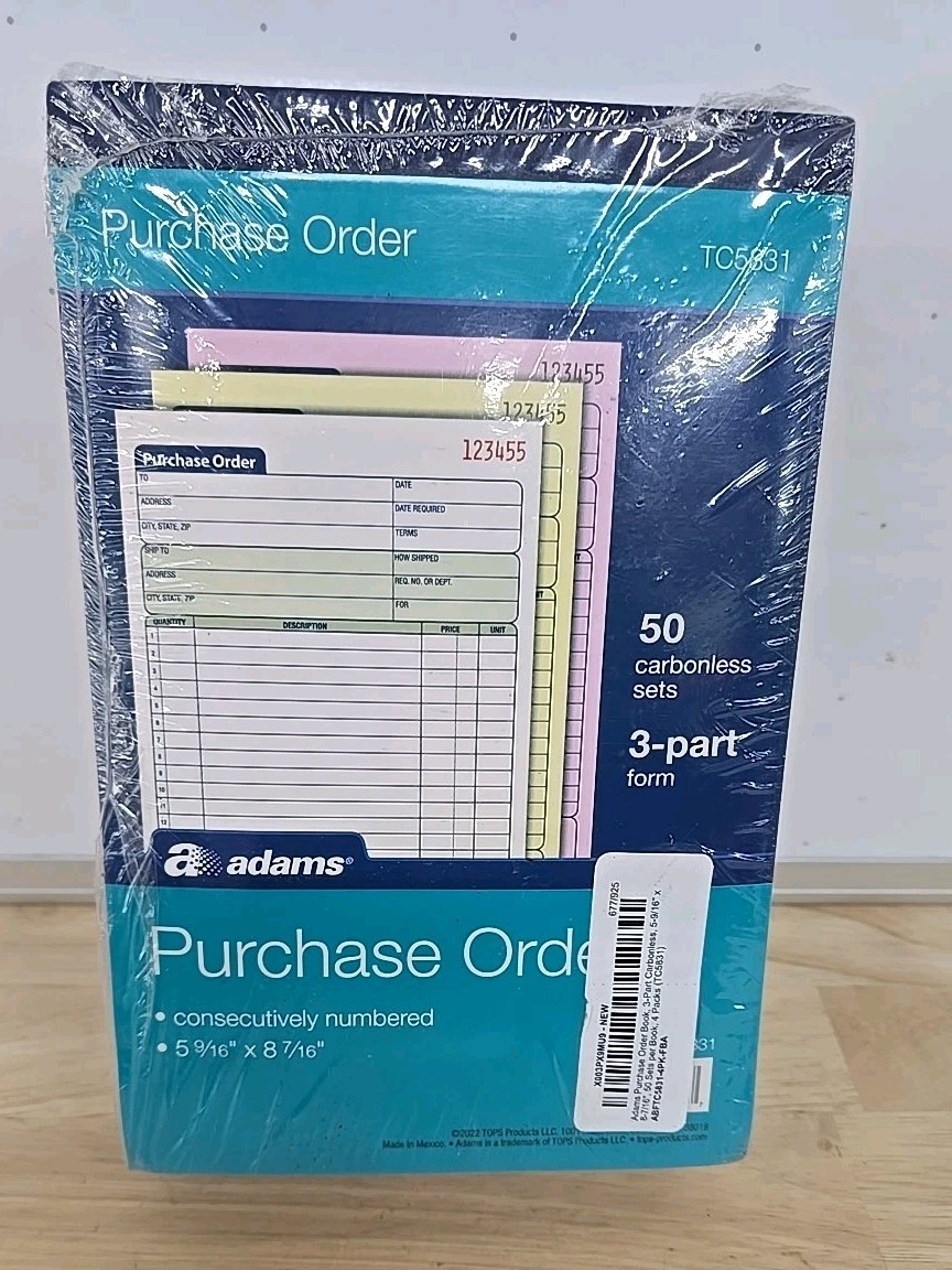 Adams TC5831 Purchase Order Book, 3-Part, Carbonless, 50 Sets Per Book : 4 Books