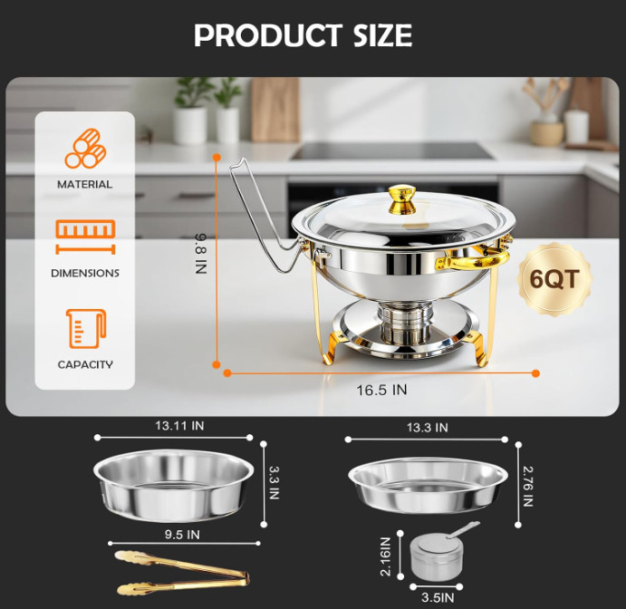 Set buffet 4 calentadores 6QT acero inoxidable dorado para eventos y fiestas
