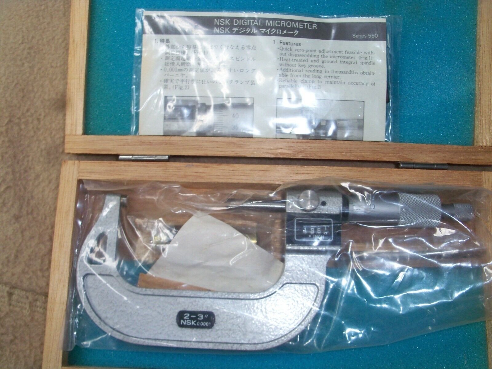 NSK MICROMETER 2-3″ OUTSIDE DIGITAL MICROMETER No. 550-603, 0.0001, Japan