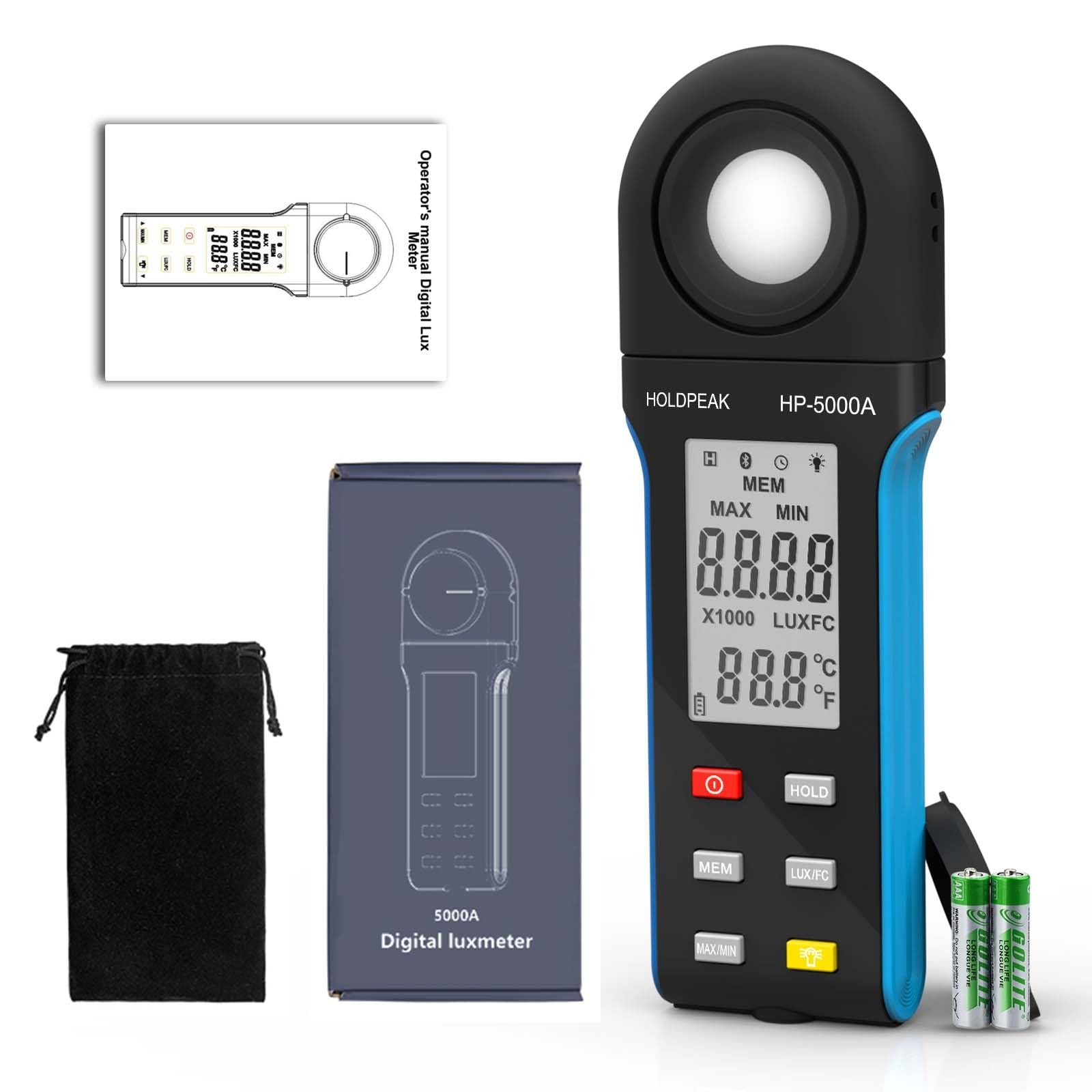 1 Pack HP-5000A Digital Light Meter, 1-400000Lux, LCD, Temp, Lumen, Plants