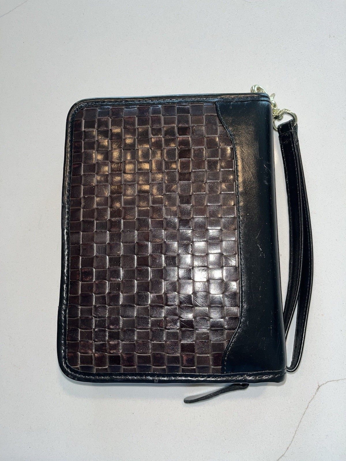 Franklin Quest Leather Planner Binder 8×6 Zip Around Calfskin Brown Woven USA