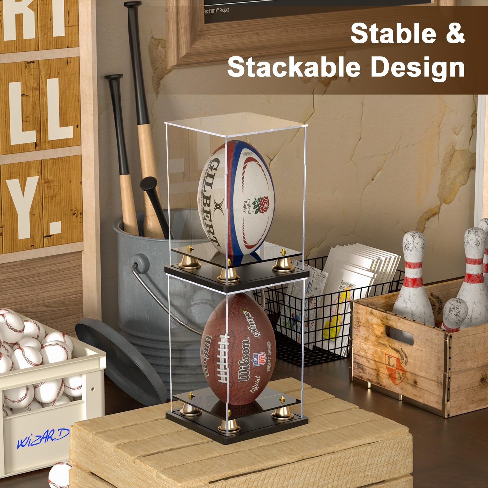 Football Display Case Full Size, Clear Acrylic Display Cases with Double Laye…