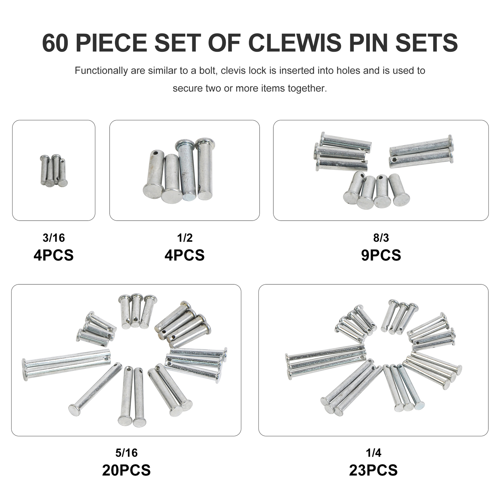 Universal 60 Pieces Clevis Pin Assortment 3/32 in,1/8 in and 5/32in Pin Hole