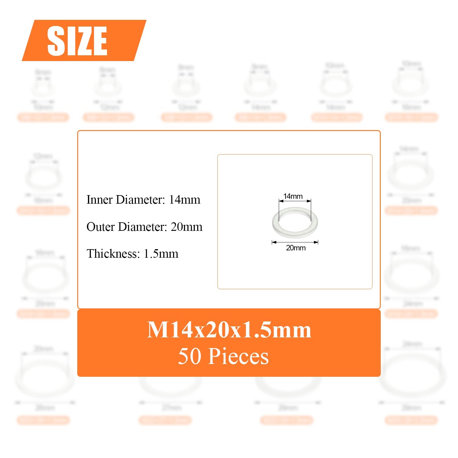 50 Pieces M14x20x1.5mm Automotive Drain Plug Gaskets Oil Crush Washers Alum…