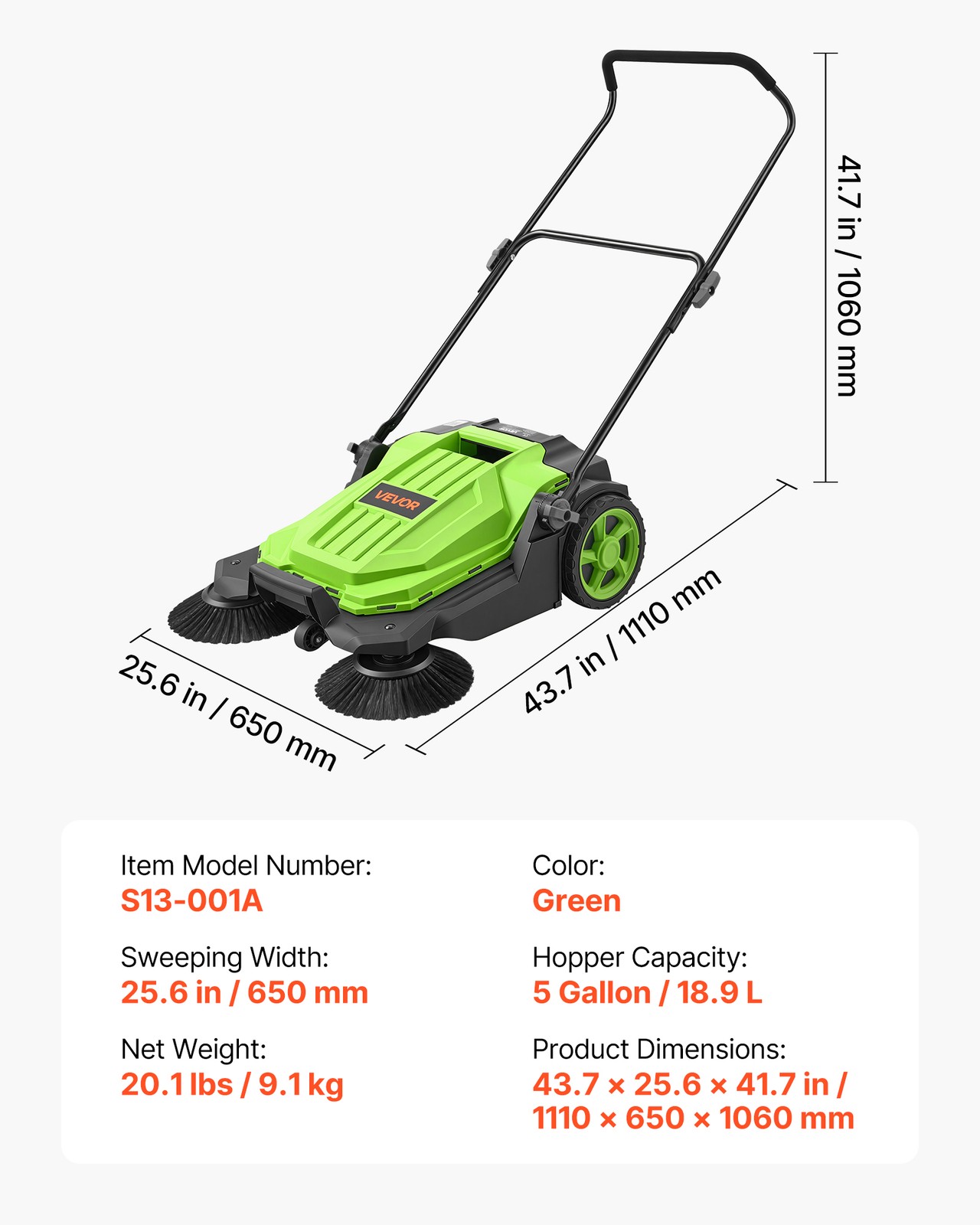 VEVOR Walk-Behind Floor Sweeper Manual Hand Push Sweeper 25.6″ Sweeping Width