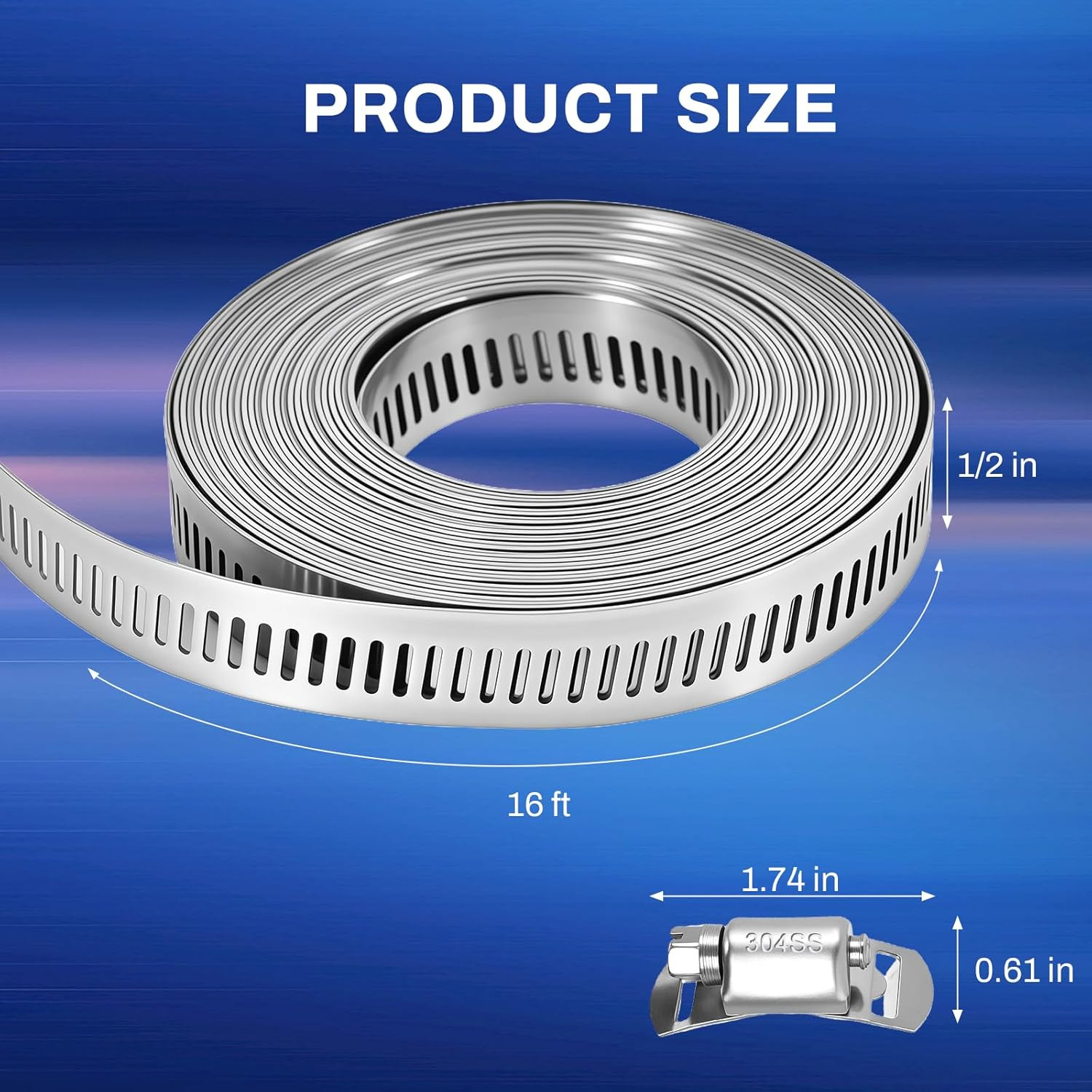 16 FT DIY Hose Clamps Assortment Kit,304 Stainless Steel Hose Clamps，Worm Gear D