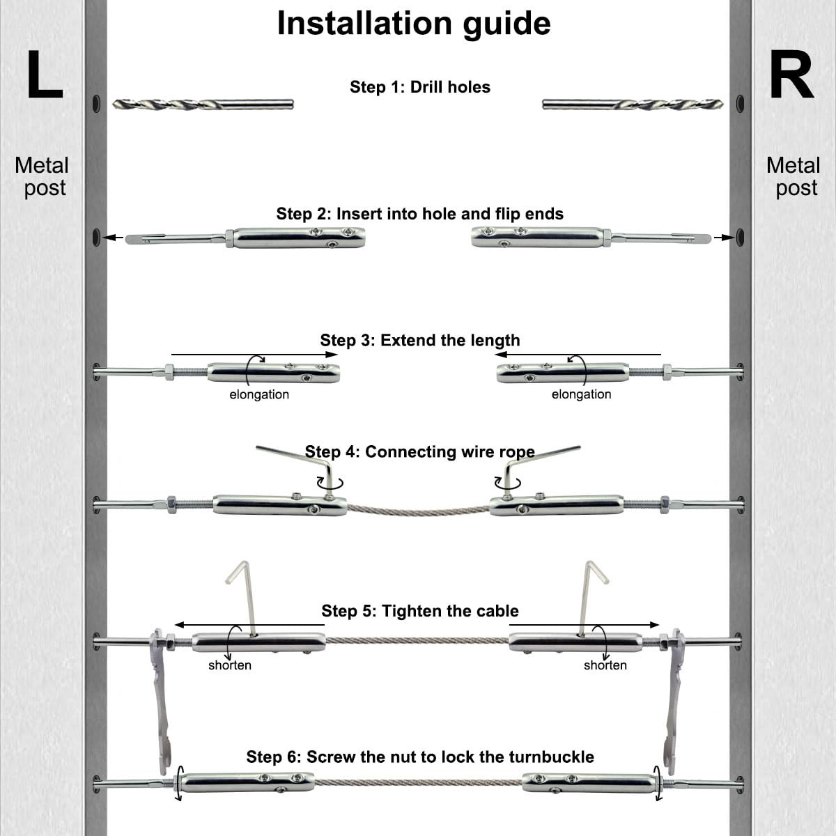 Adjustable Swageless Tensioners for 3/16″ Stainless Steel Cable Railing, 10 Pair