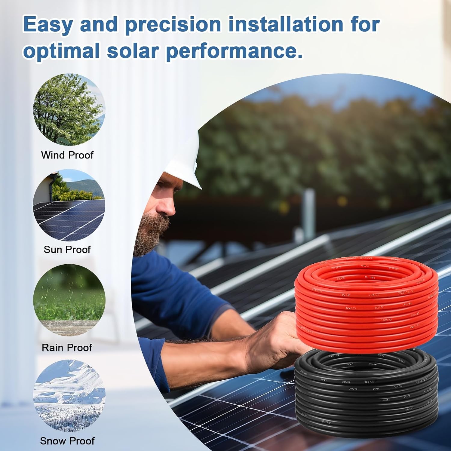 Solar Panel Wire 10 AWG(6mm²) – Solar Extension Cable 100Ft Black & 100Ft Red 10