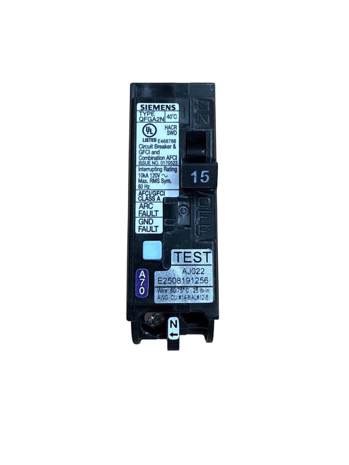Siemens Q115DFN – 15A – 1-Pole – Dual Function AFCI/GFCI Plug-on Neutral Breaker
