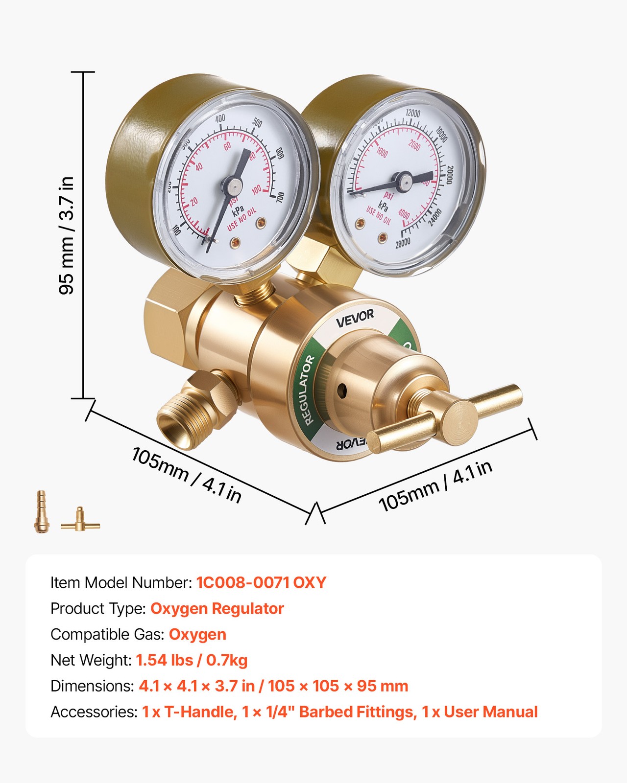 VEVOR Oxygen Regulator 0-4000PSI Welding Gas Gauge with CGA-540 Inlet Connection