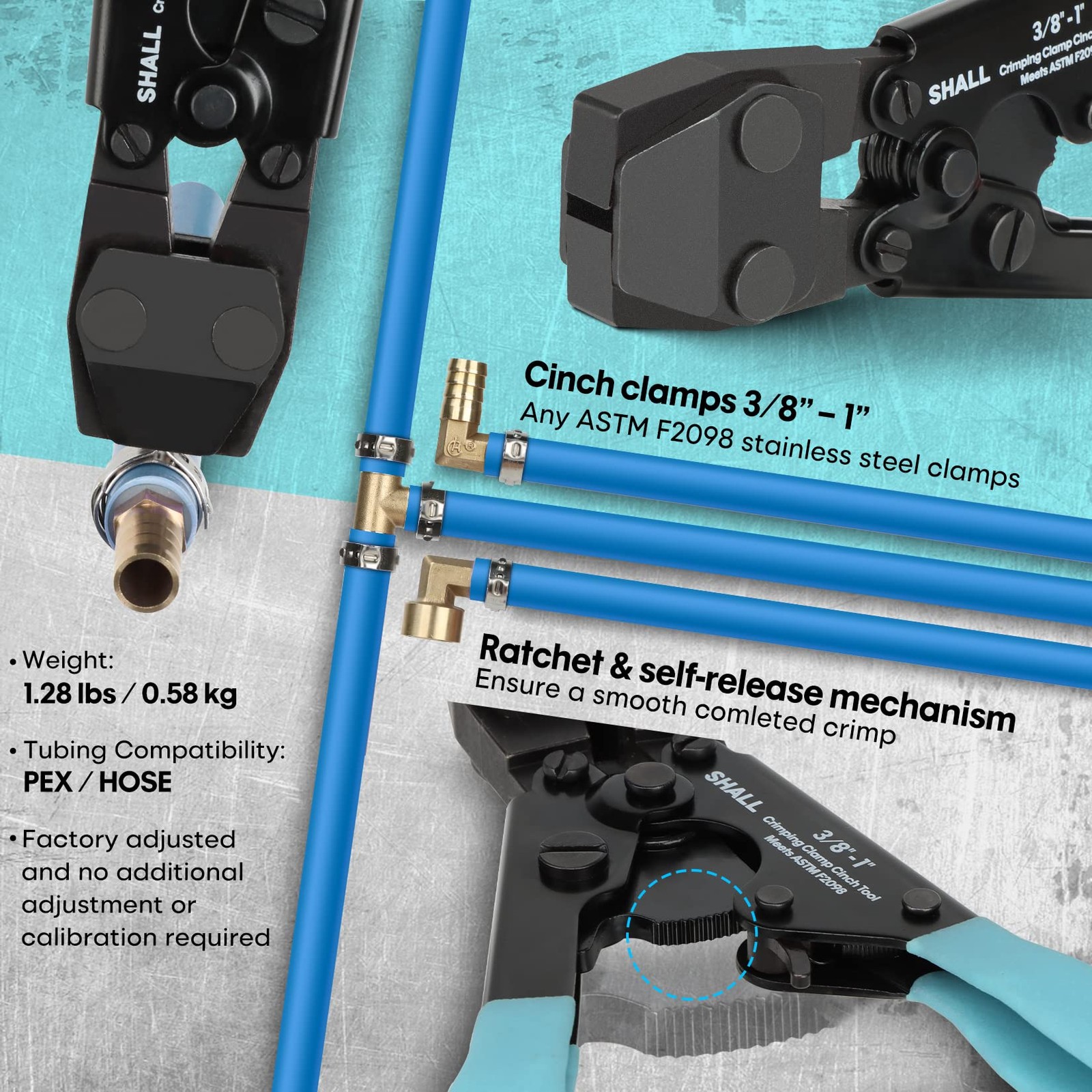 SHALL Pex Crimping Clamp Cinch Tool and Pipe Hose Cutter, Turquoise
