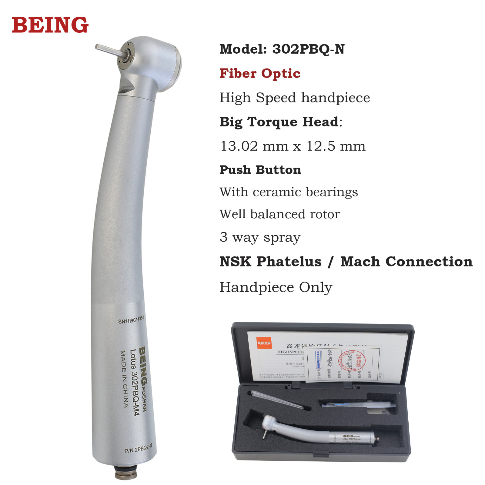 BEING Dental High Speed Handpiece Fiber Optic Turbine LED Coupler fit NSK