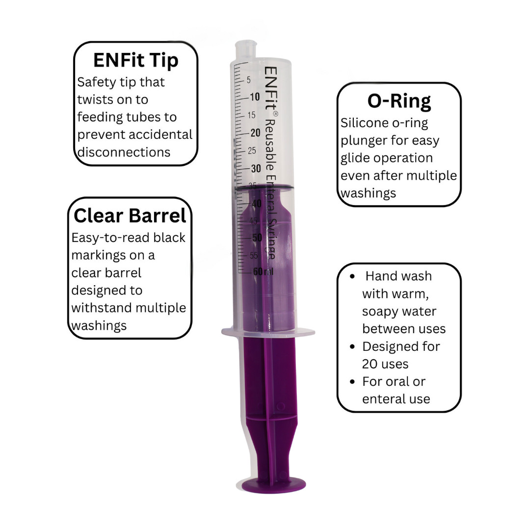 ENFit syringe, 60mL, O-Ring, Reusable Easy Glide Plunger, Pack of 10